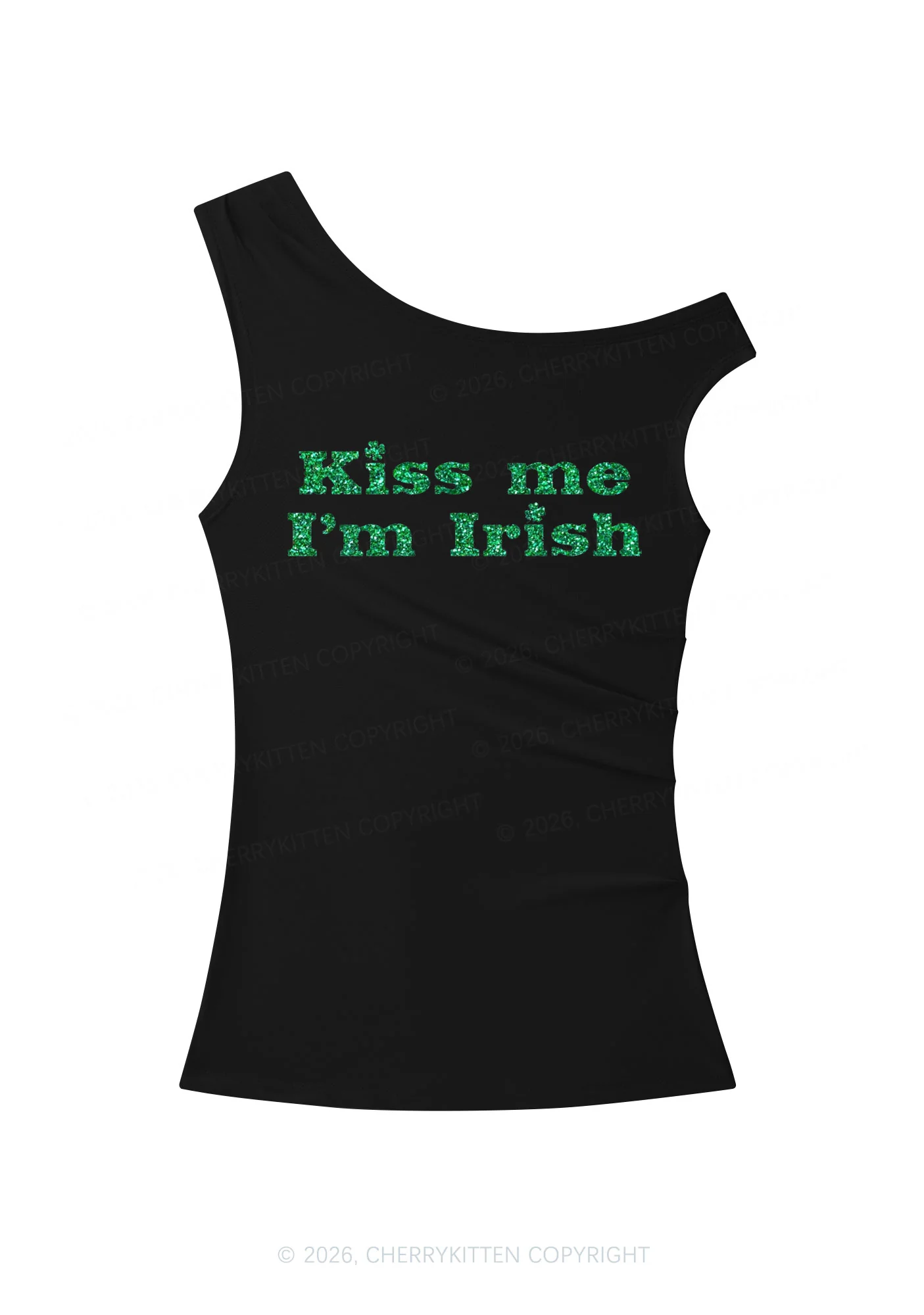 Glitter Kiss Me St Patricks Y2K Off Shoulder Tank Top Cherrykitten - Image 4