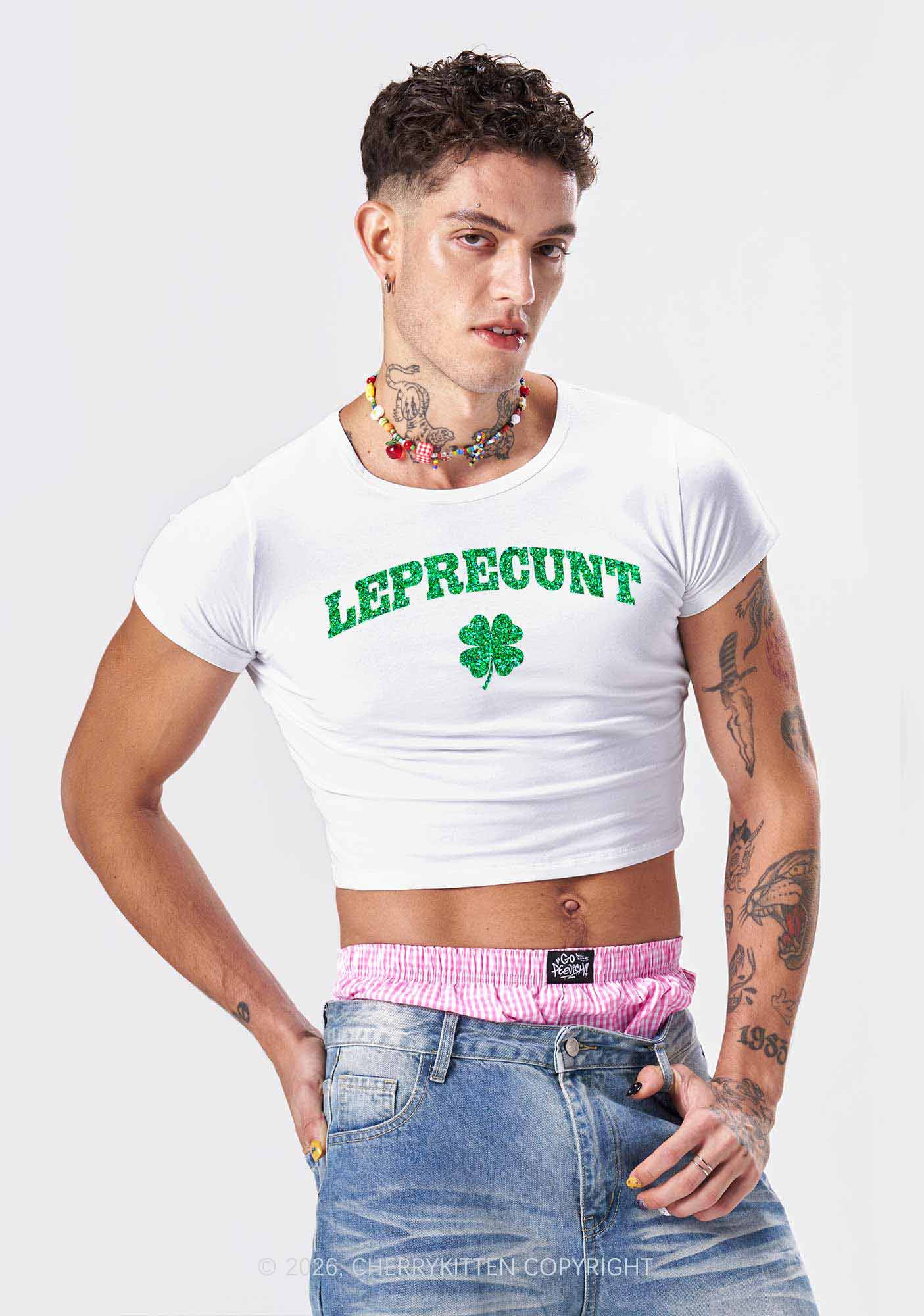 Glitter Leprecunt St Patricks Y2K Baby Tee Cherrykitten - Image 3