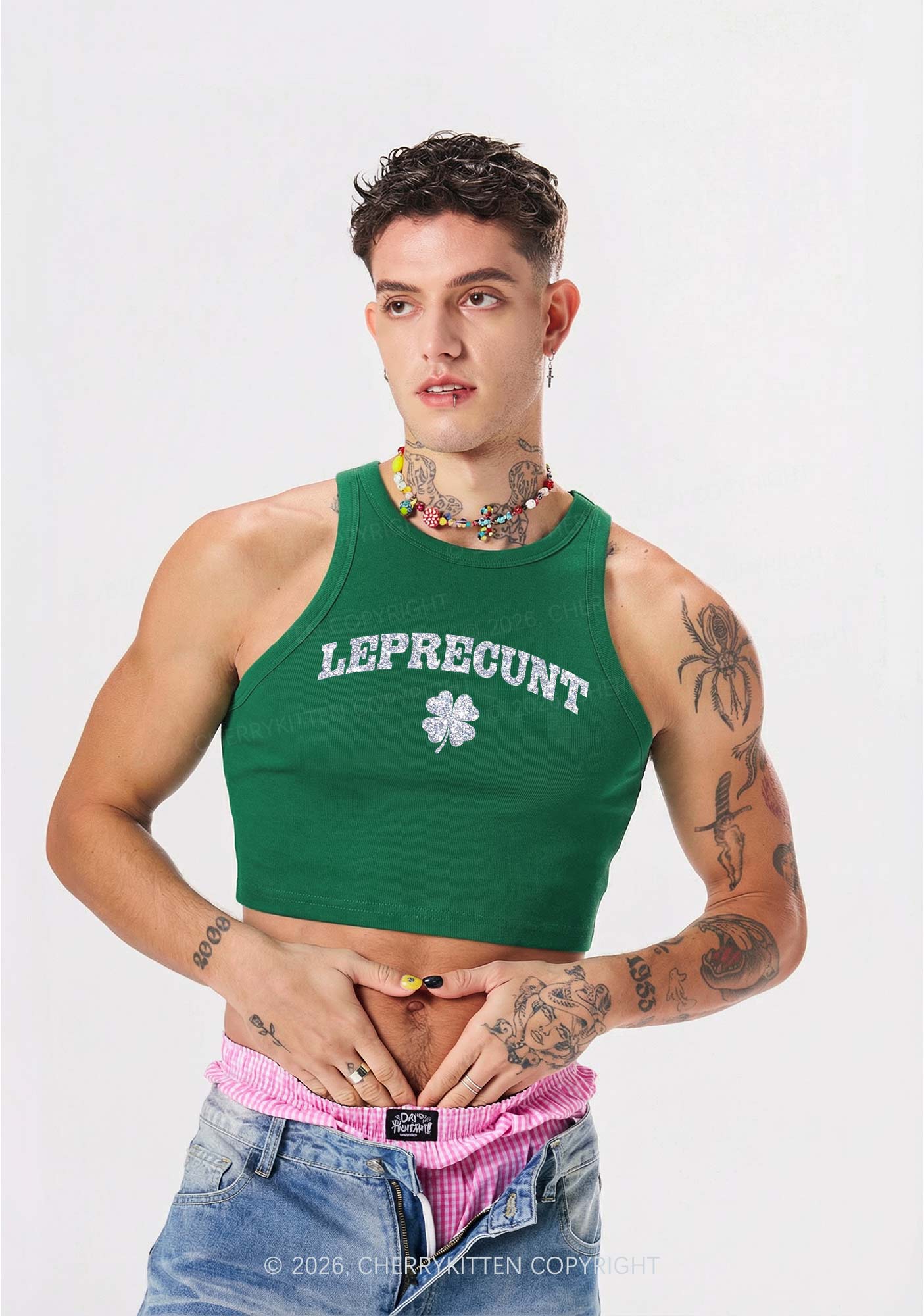 Glitter Leprecunt St Patricks Y2K Crop Tank Top Cherrykitten - Image 2