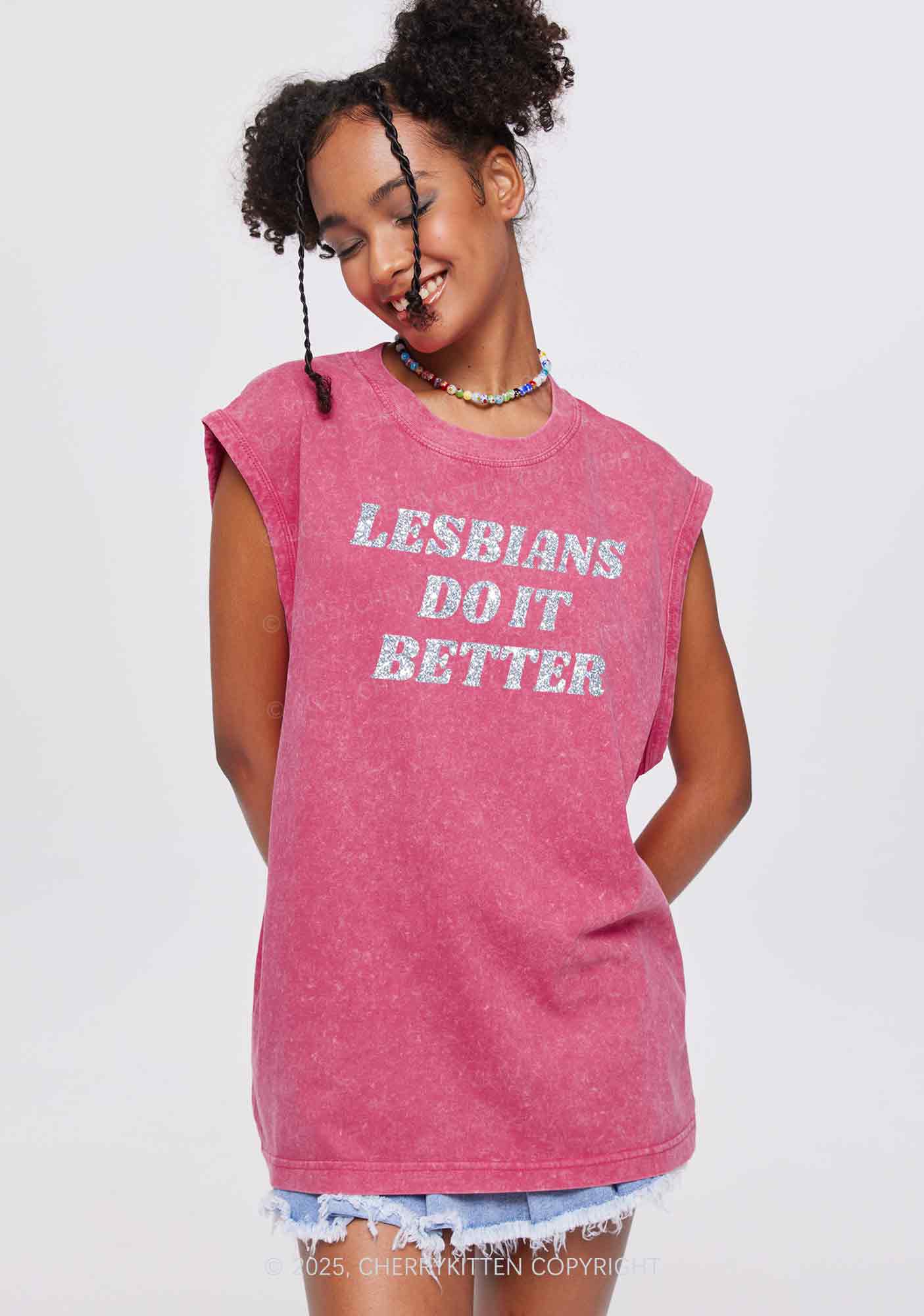 Glitter Lesbians Do It Better Pride Y2K Washed Muscle Tank Cherrykitten - Image 3