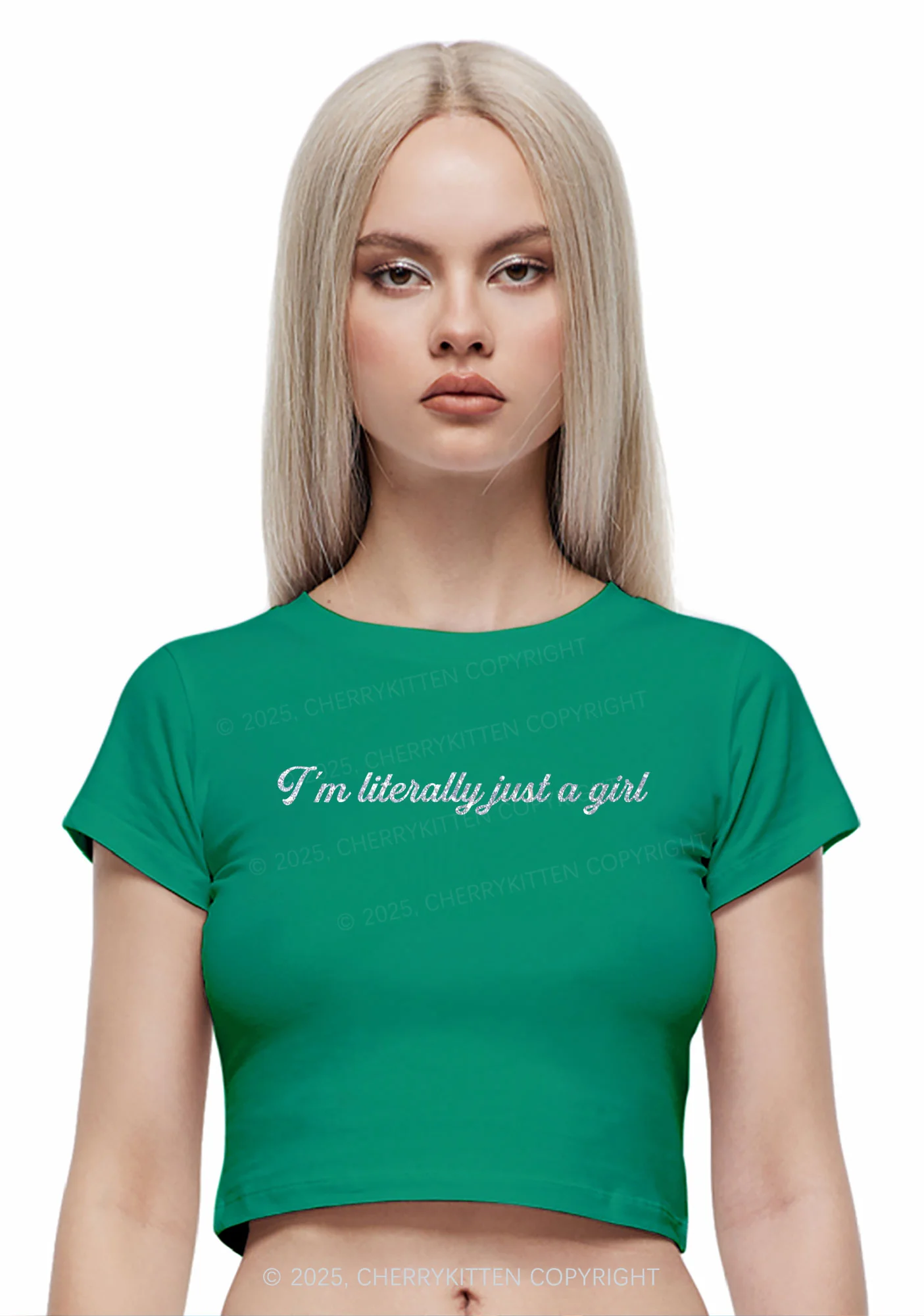Glitter Literally Just A Girl Y2K Baby Tee Cherrykitten - Image 3