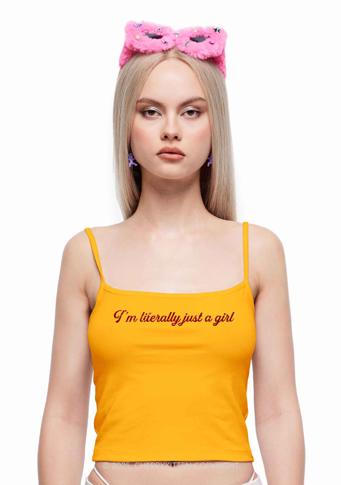 Glitter Literally Just A Girl Y2K Spaghetti Strap Cami Cherrykitten - Image 3