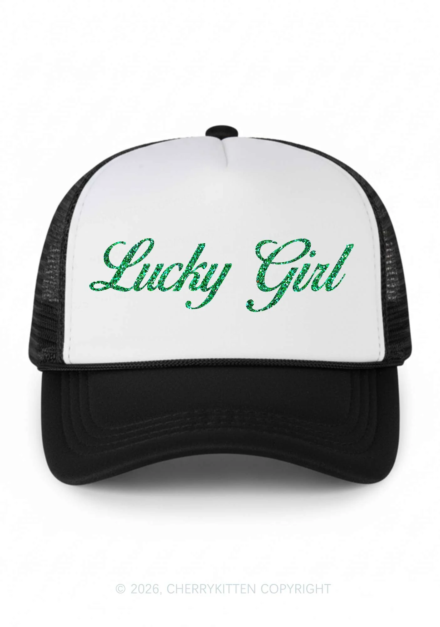 Glitter Lucky Girl St Patricks Y2K Colorblock Trucker Hat Cherrykitten - Image 2