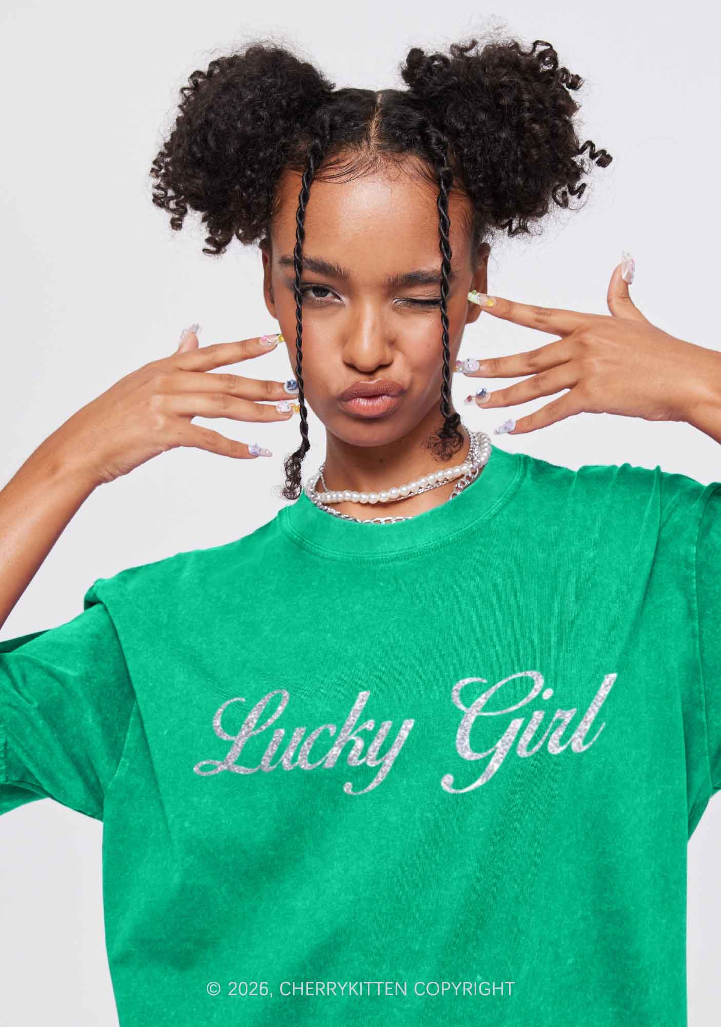 Glitter Lucky Girl St Patricks Y2K Shirts Washed Tee Cherrykitten - Image 2