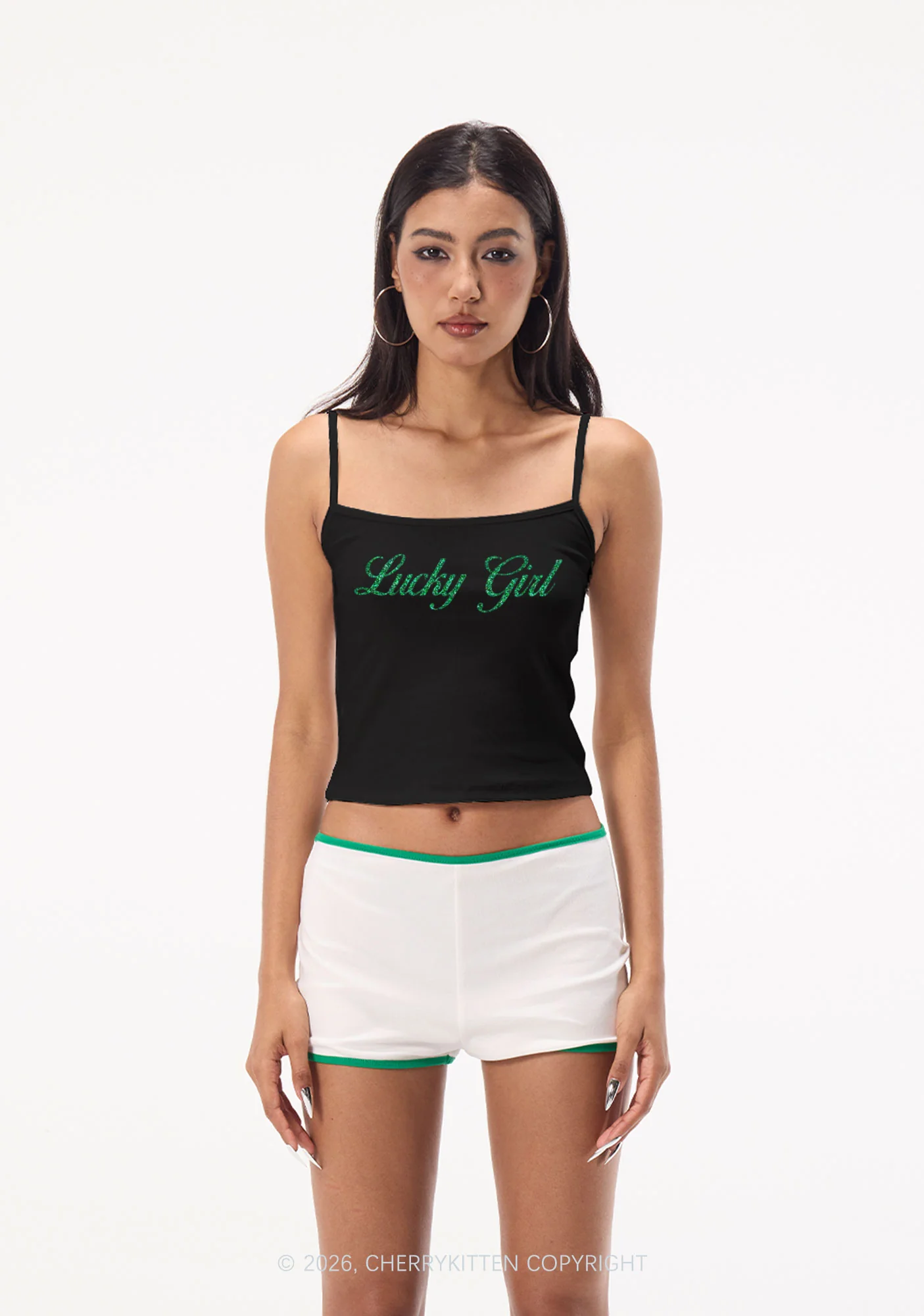 Glitter Lucky Girl St Patricks Y2K Spaghetti Strap Cami Cherrykitten - Image 2