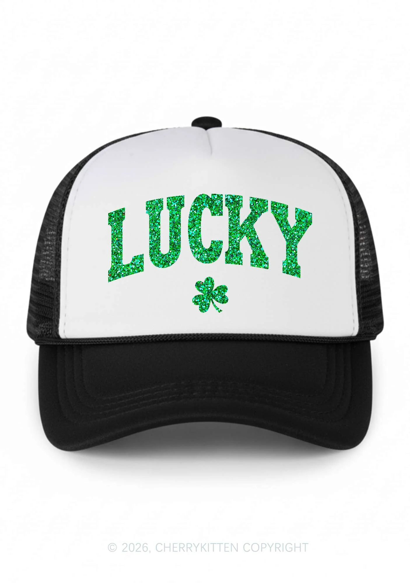 Glitter Lucky Shamrock St Patricks Y2K Colorblock Trucker Hat Cherrykitten - Image 2