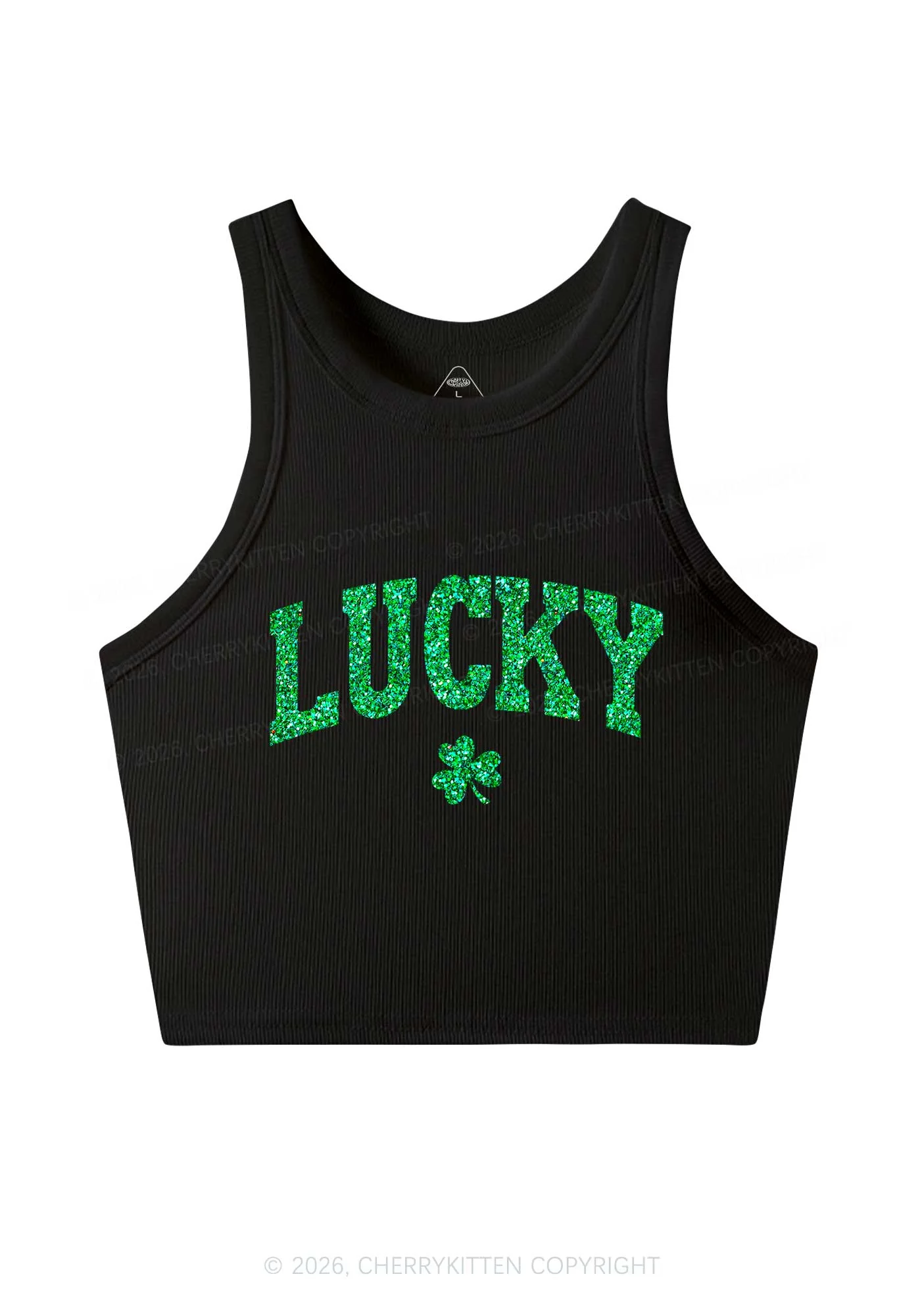 Glitter Lucky Shamrock St Patricks Y2K Crop Tank Top Cherrykitten - Image 3