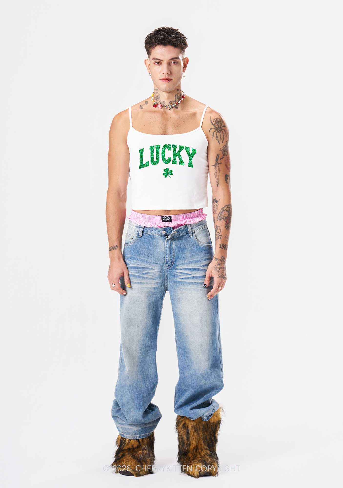 Glitter Lucky Shamrock St Patricks Y2K Spaghetti Strap Cami Cherrykitten - Image 2