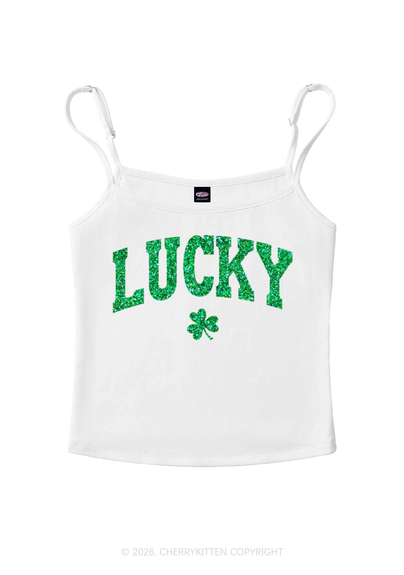 Glitter Lucky Shamrock St Patricks Y2K Spaghetti Strap Cami Cherrykitten - Image 3