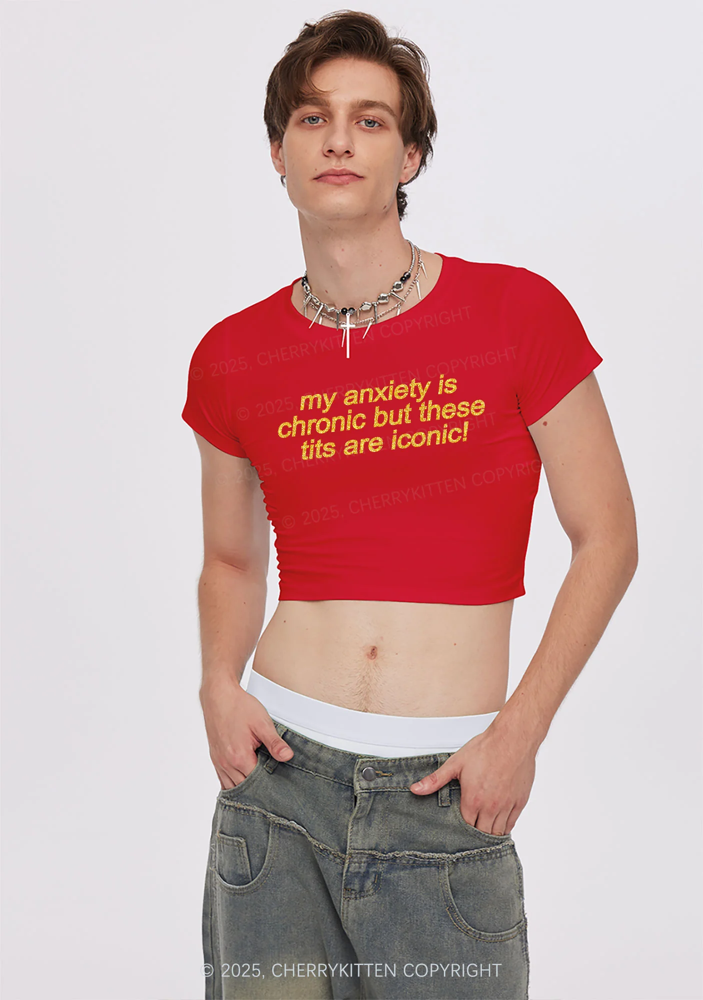 Glitter My Anxiety Is Chronic Y2K Baby Tee Cherrykitten - Image 4