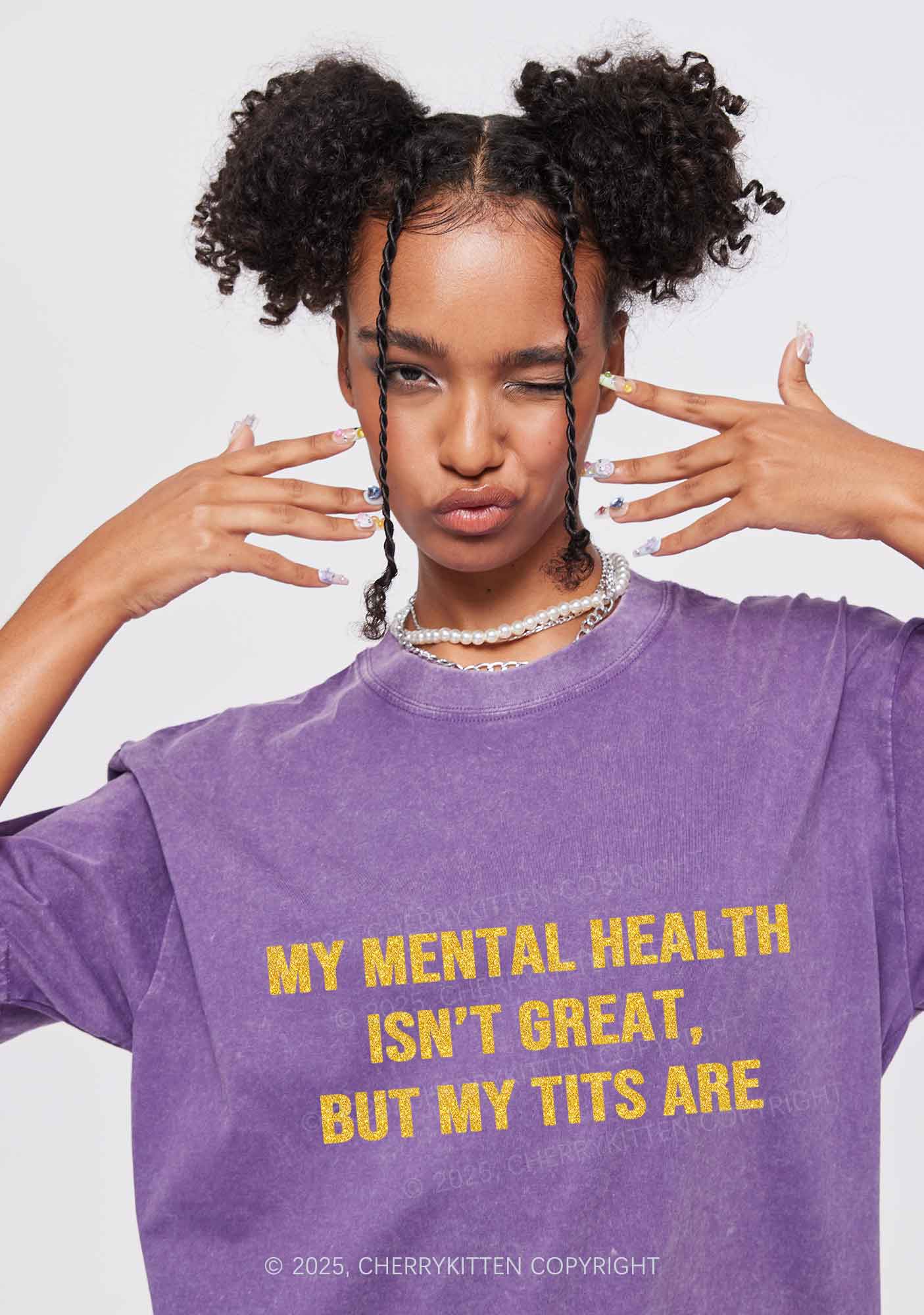 Glitter My Mental Health Isnt Great Y2K Shirts Washed Tee Cherrykitten - Image 3