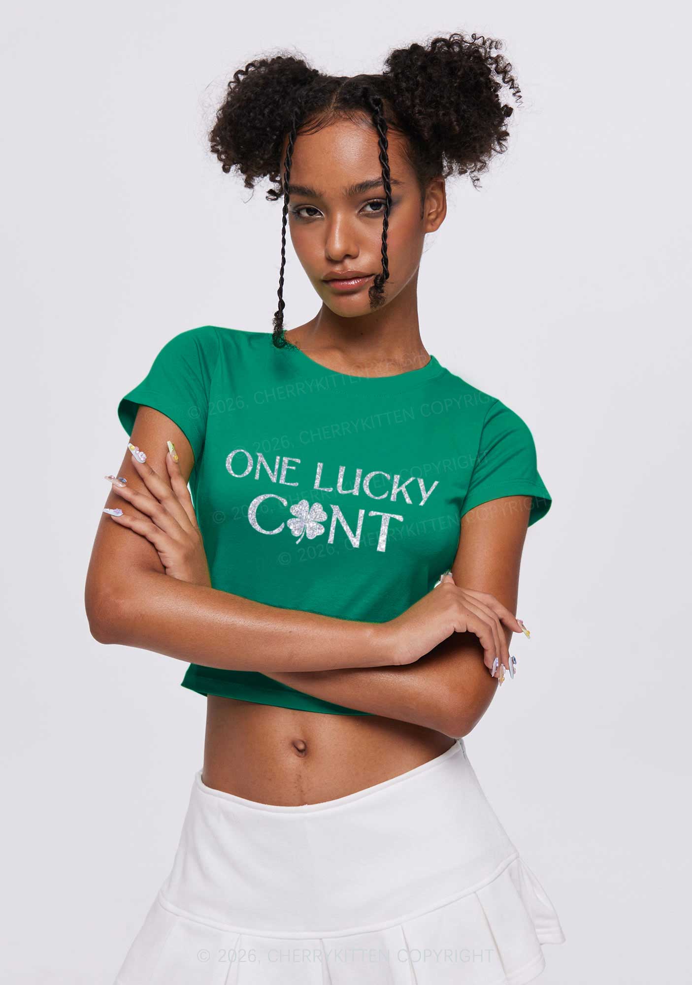 Glitter One Lucky Cxxt St Patricks Y2K Baby Tee Cherrykitten - Image 4
