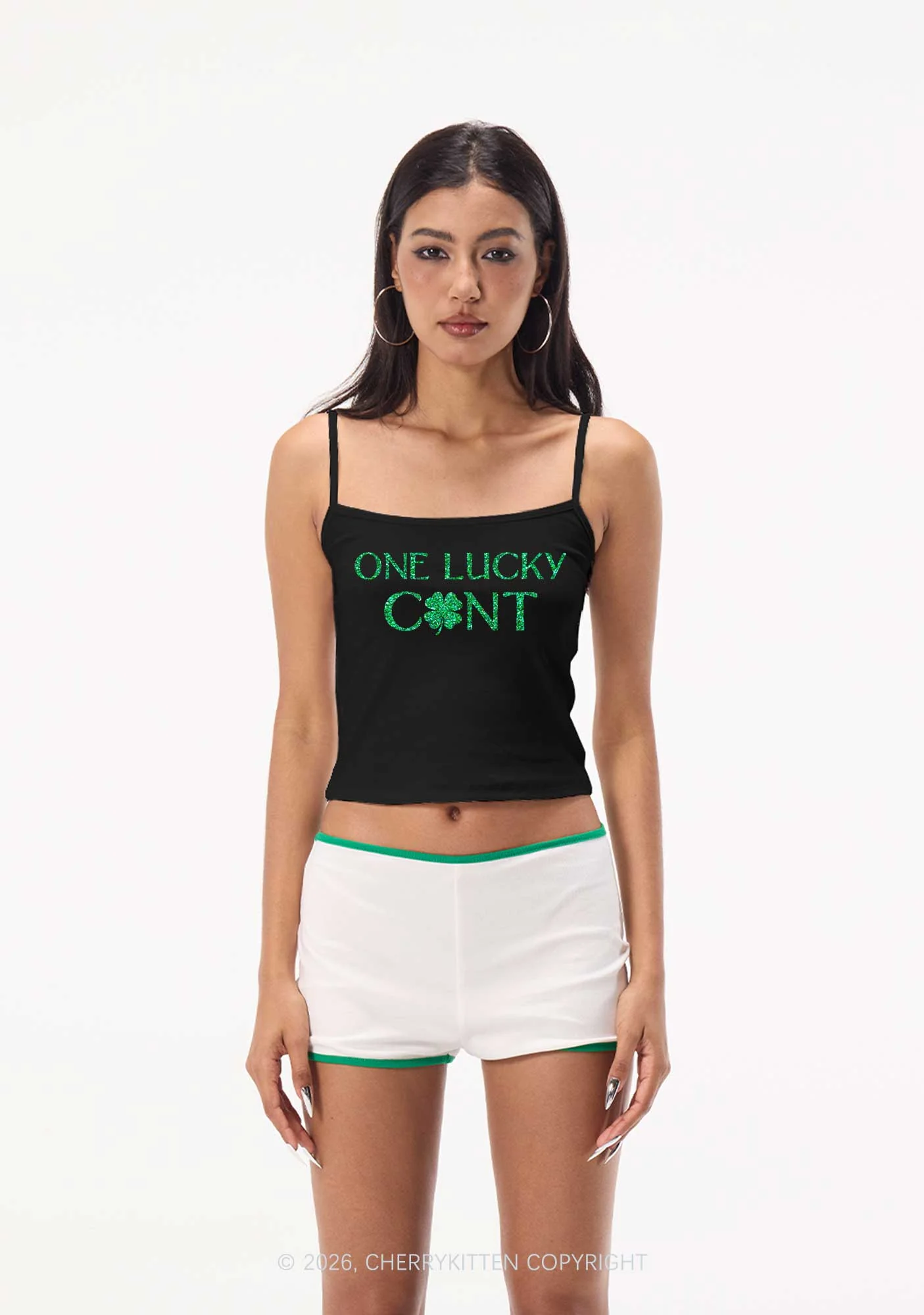 Glitter One Lucky Cxxt St Patricks Y2K Spaghetti Strap Cami Cherrykitten - Image 3