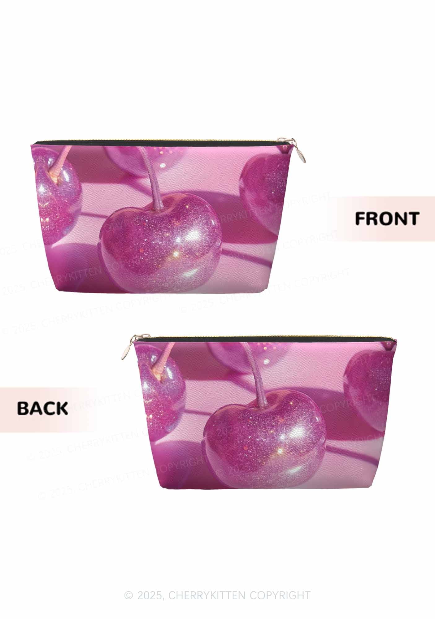 Glitter Pink Cherry Y2K Leather Makeup Bag Cherrykitten - Image 2
