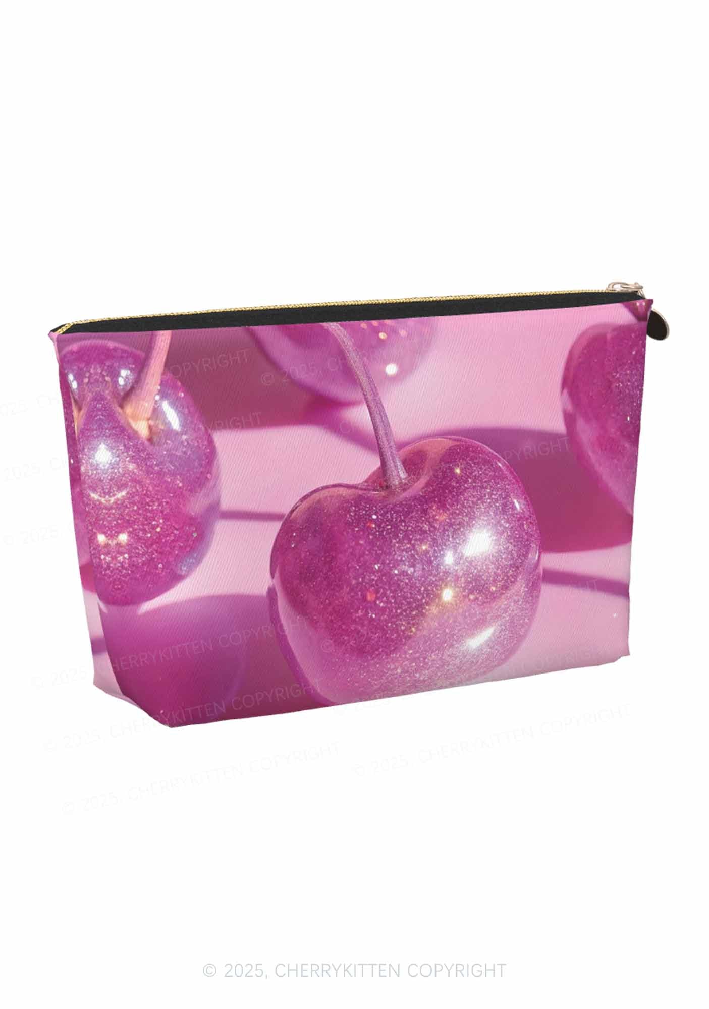 Glitter Pink Cherry Y2K Leather Makeup Bag Cherrykitten - Image 3