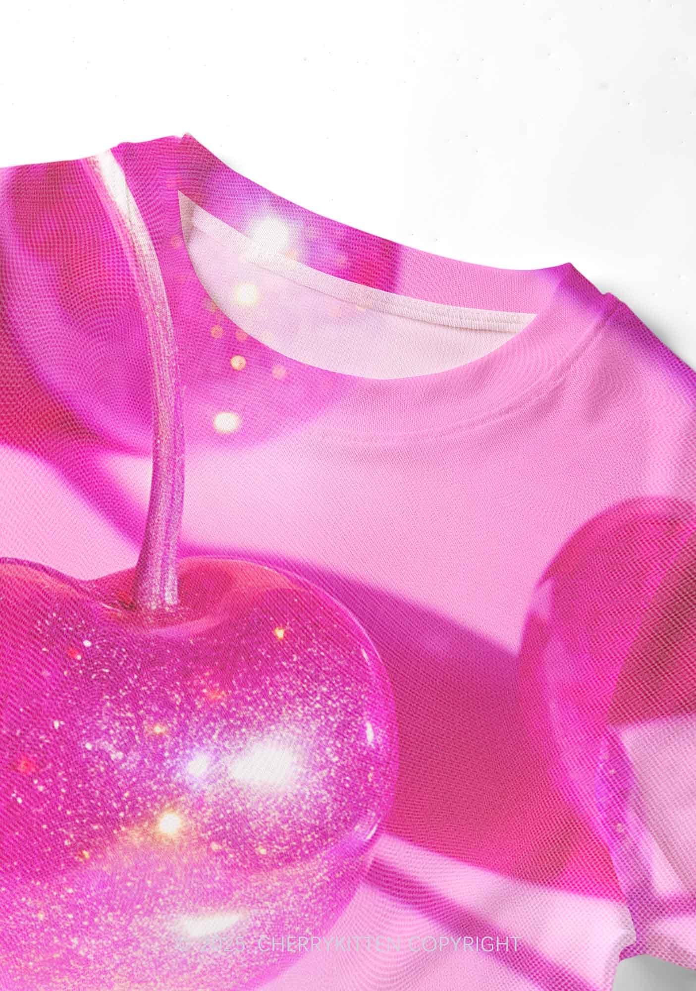 Glitter Pink Cherry Y2K Mesh Crop Top Cherrykitten - Image 2