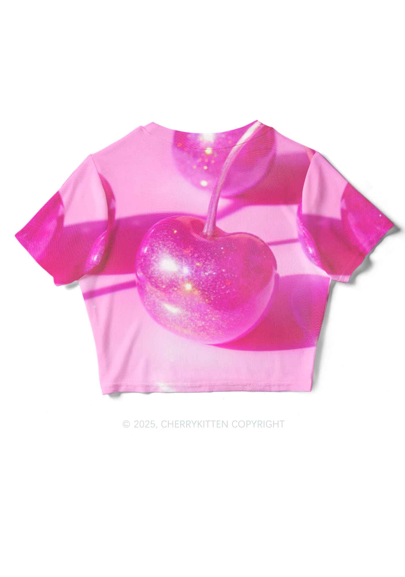 Glitter Pink Cherry Y2K Mesh Crop Top Cherrykitten - Image 4