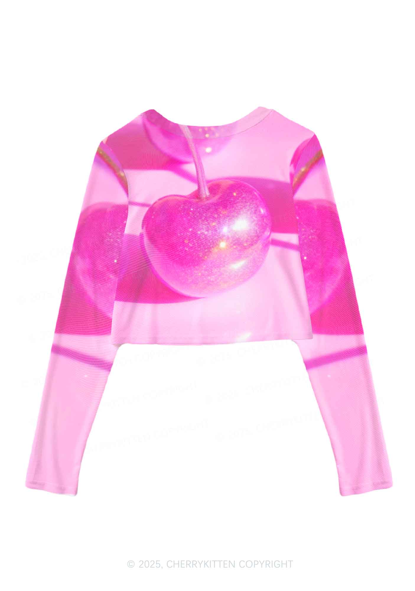 Glitter Pink Cherry Y2K Mesh Long Sleeve Crop Top Cherrykitten - Image 2