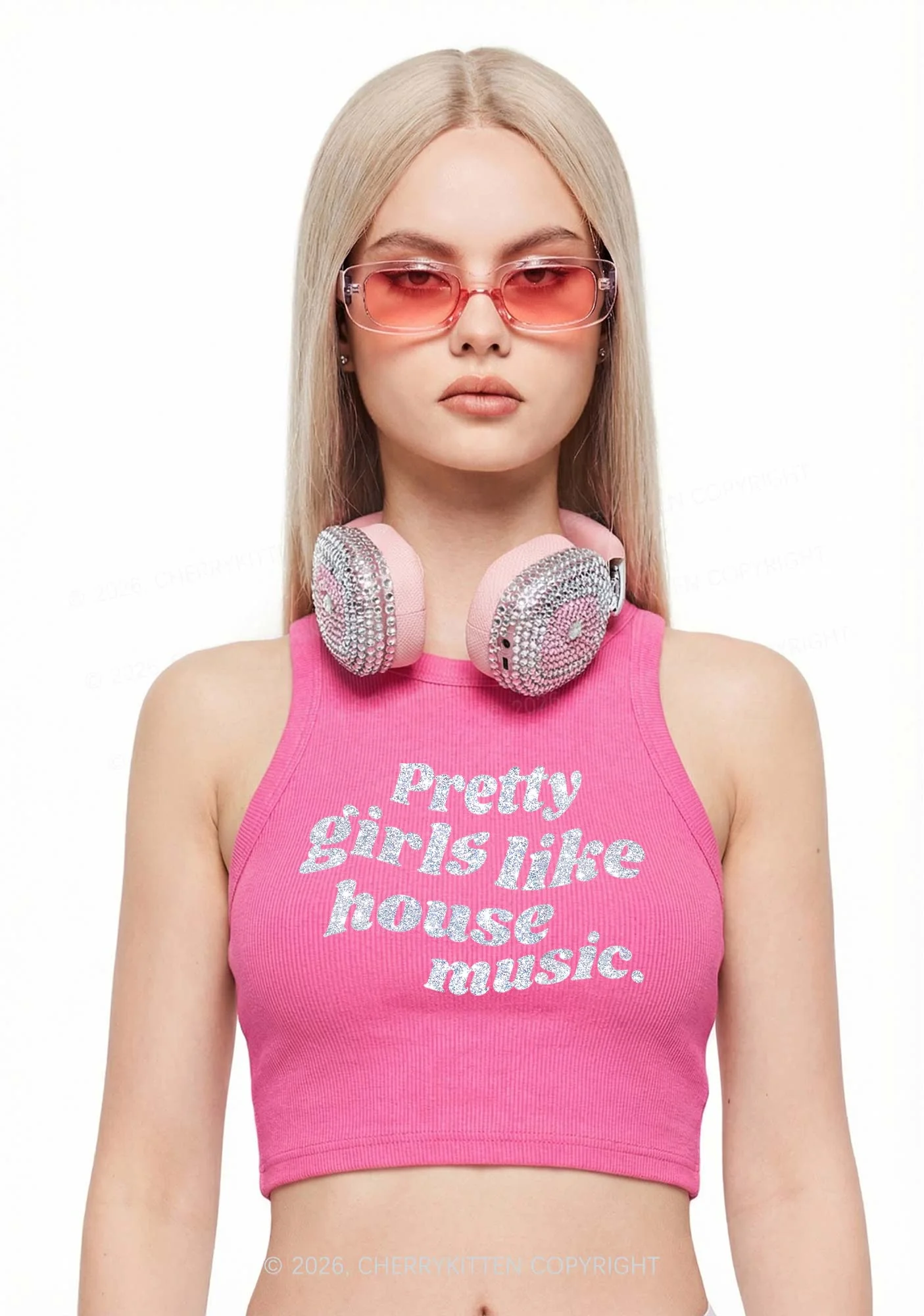 Glitter Pretty Girls Like House Music Y2K Crop Tank Top Cherrykitten - Image 3