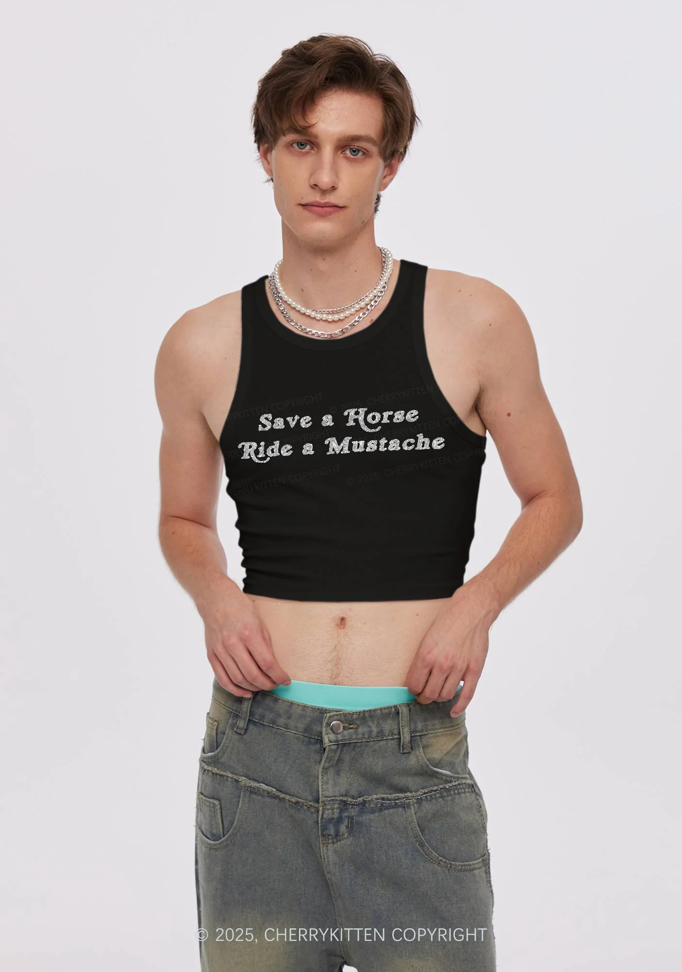 Glitter Ride A Mustache Y2K Crop Tank Top Cherrykitten - Image 3
