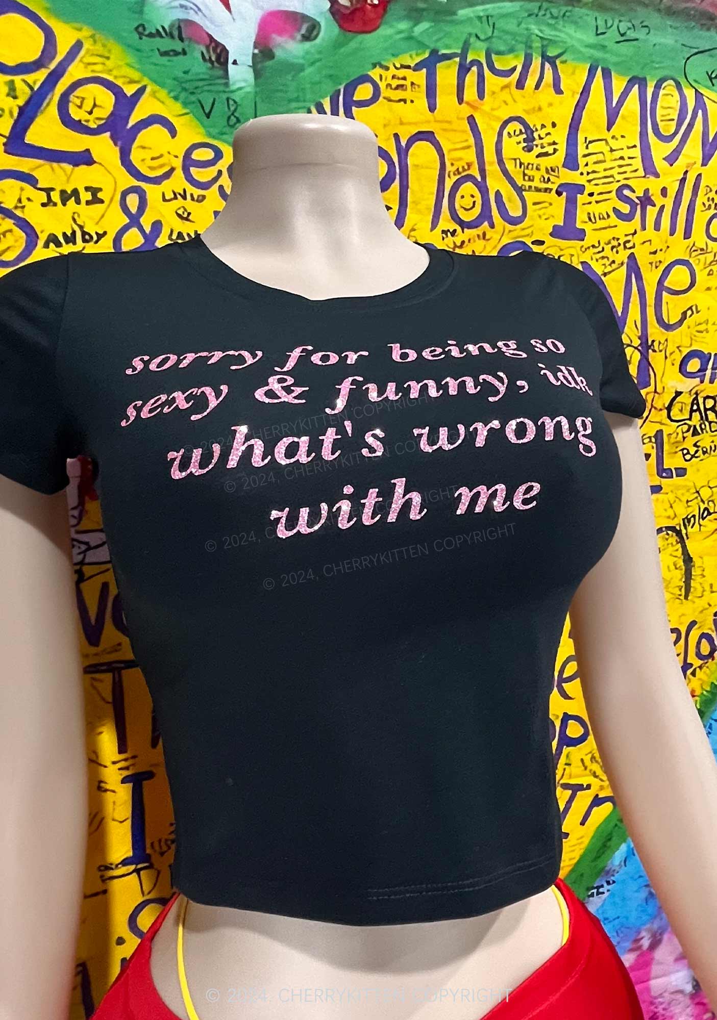 Glitter Sorry For Being So Funny Y2K Baby Tee Cherrykitten - Image 4