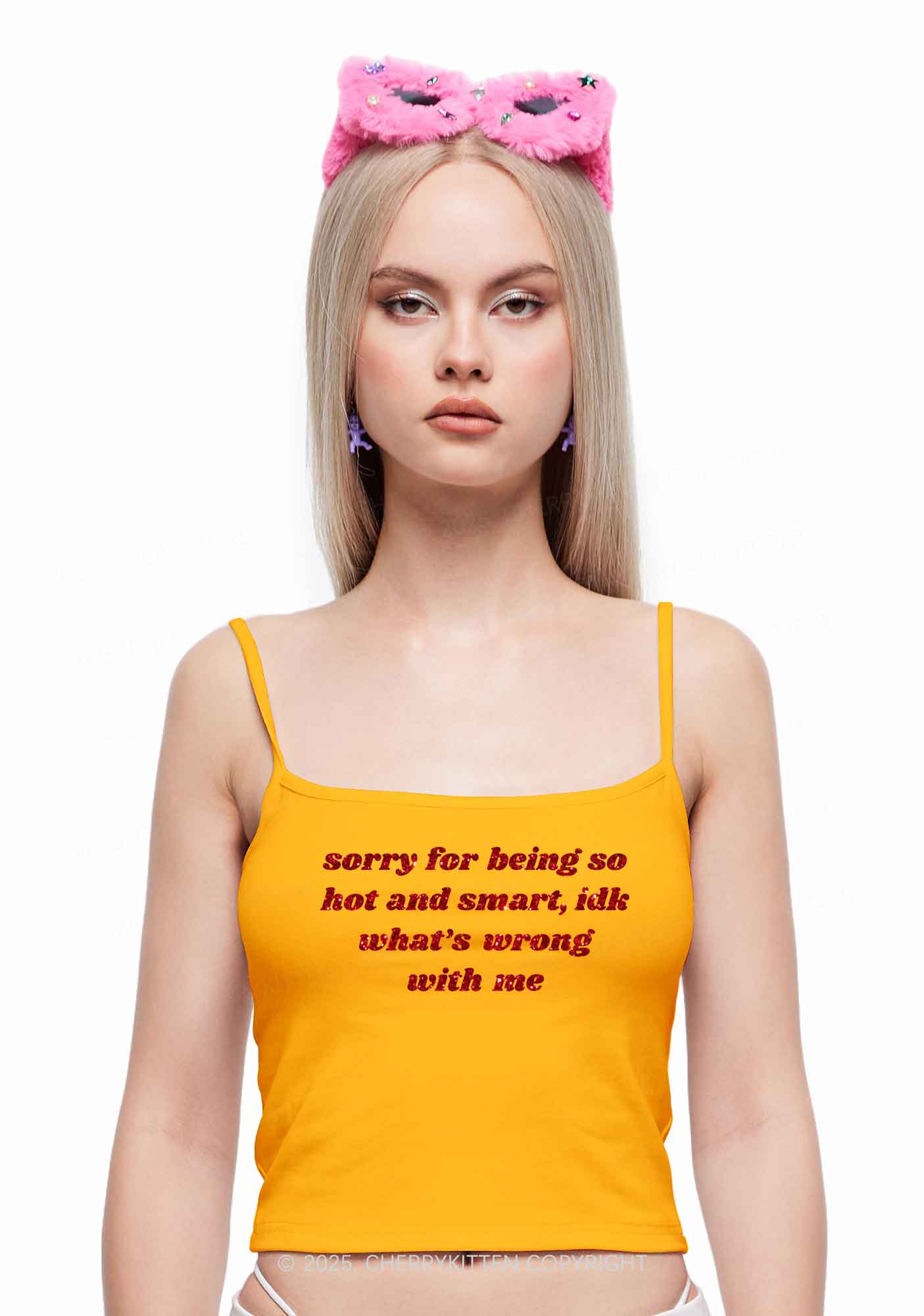 Glitter Sorry For Being So Smart Y2K Spaghetti Strap Cami Cherrykitten - Image 3