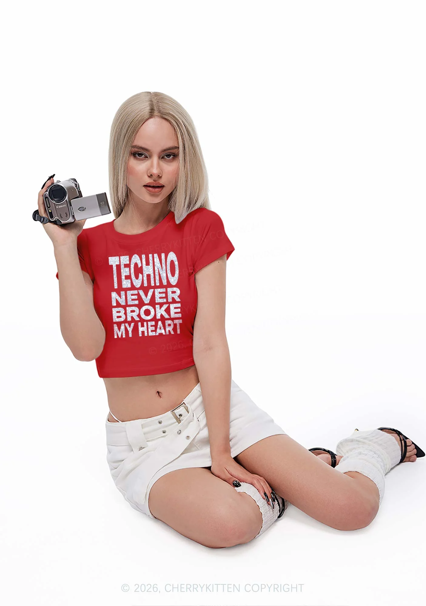 Glitter Techno Heart Y2K Baby Tee Cherrykitten - Image 3