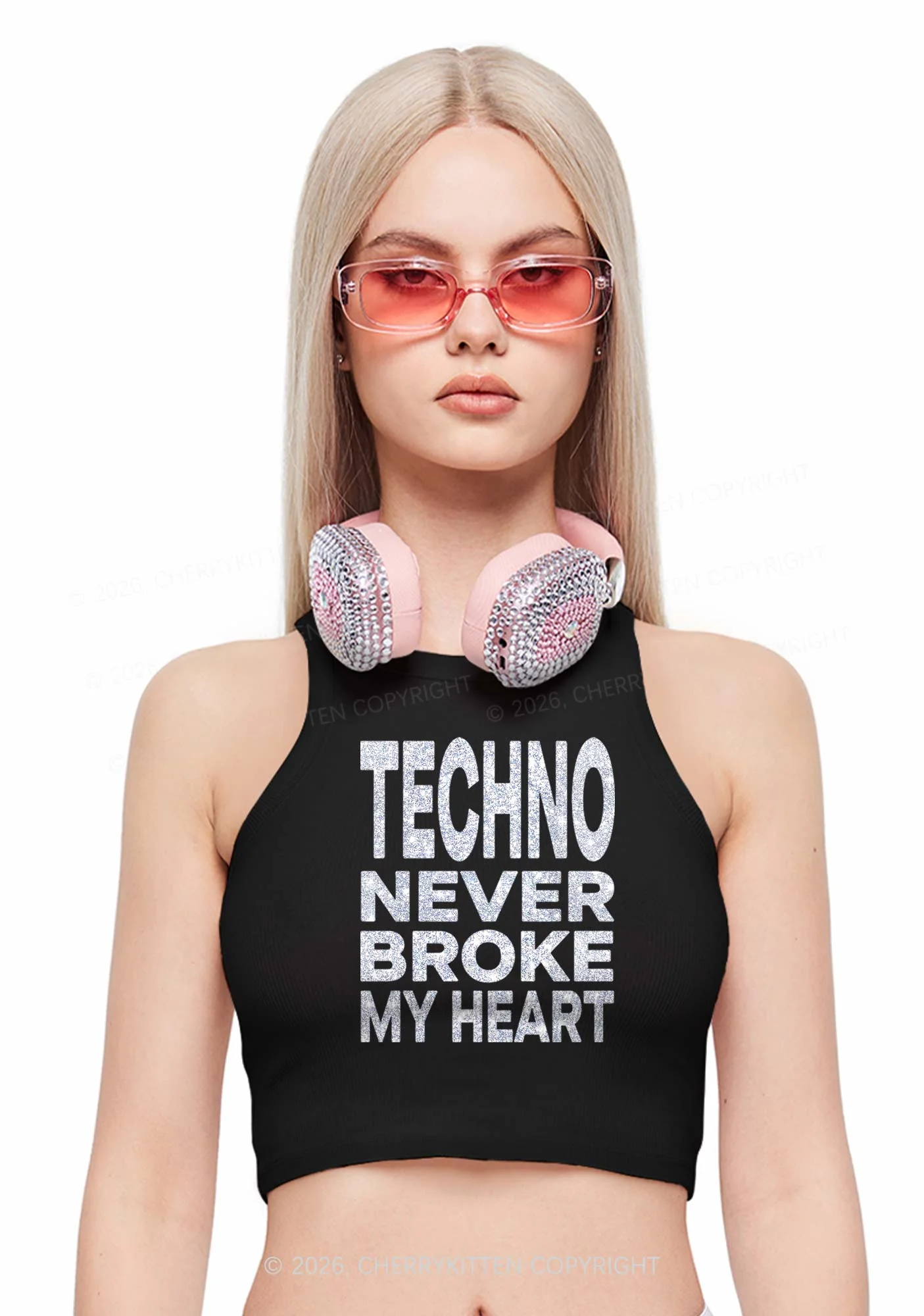 Glitter Techno Heart Y2K Crop Tank Top Cherrykitten - Image 3