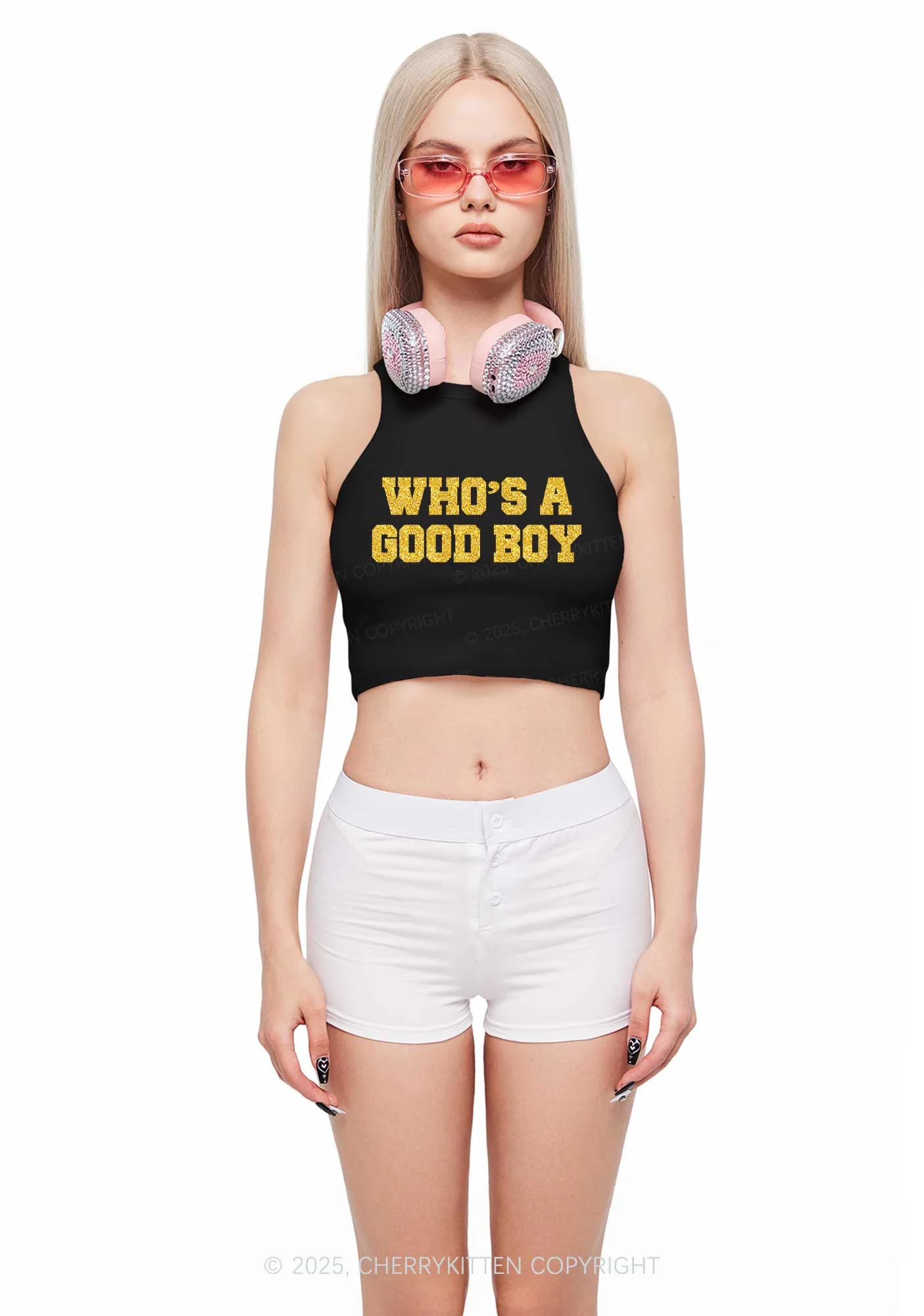 Glitter Whos A Good Boy Y2K Crop Tank Top Cherrykitten - Image 3