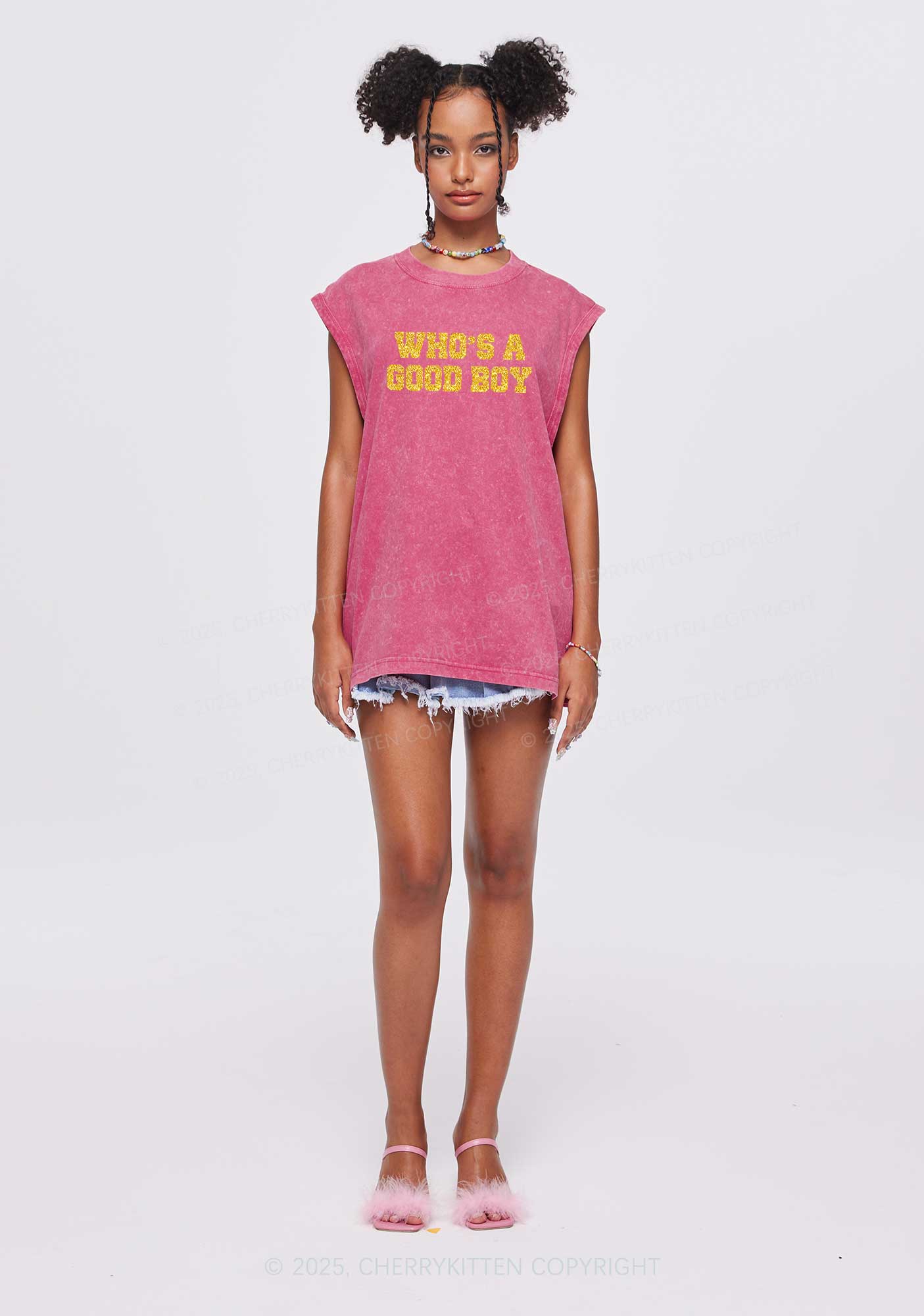 Glitter Whos A Good Boy Y2K Washed Muscle Tank Cherrykitten - Image 3