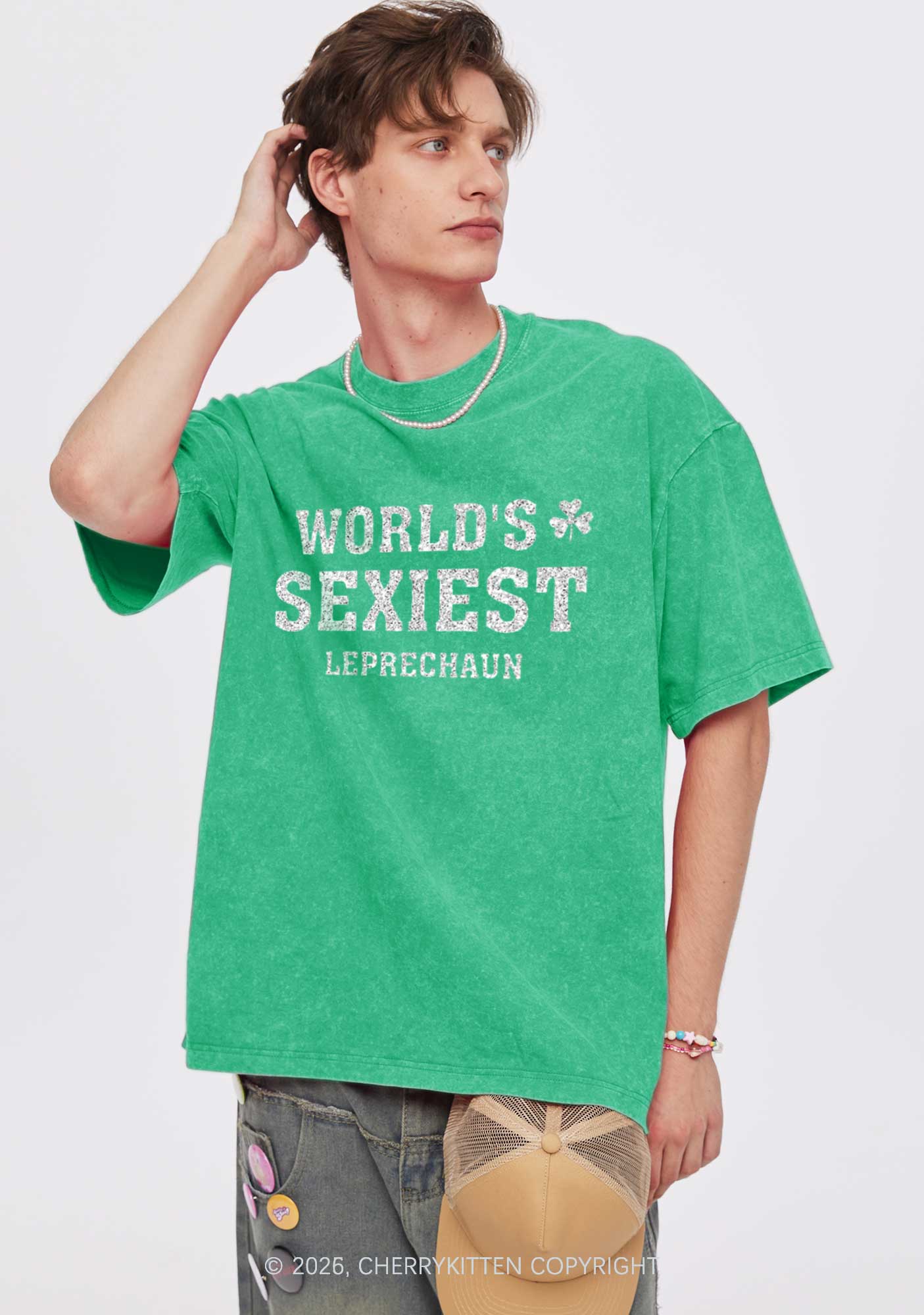 Glitter Worlds Sexiest Leprechaun St Patricks Y2K Shirts Washed Tee Cherrykitten - Image 2