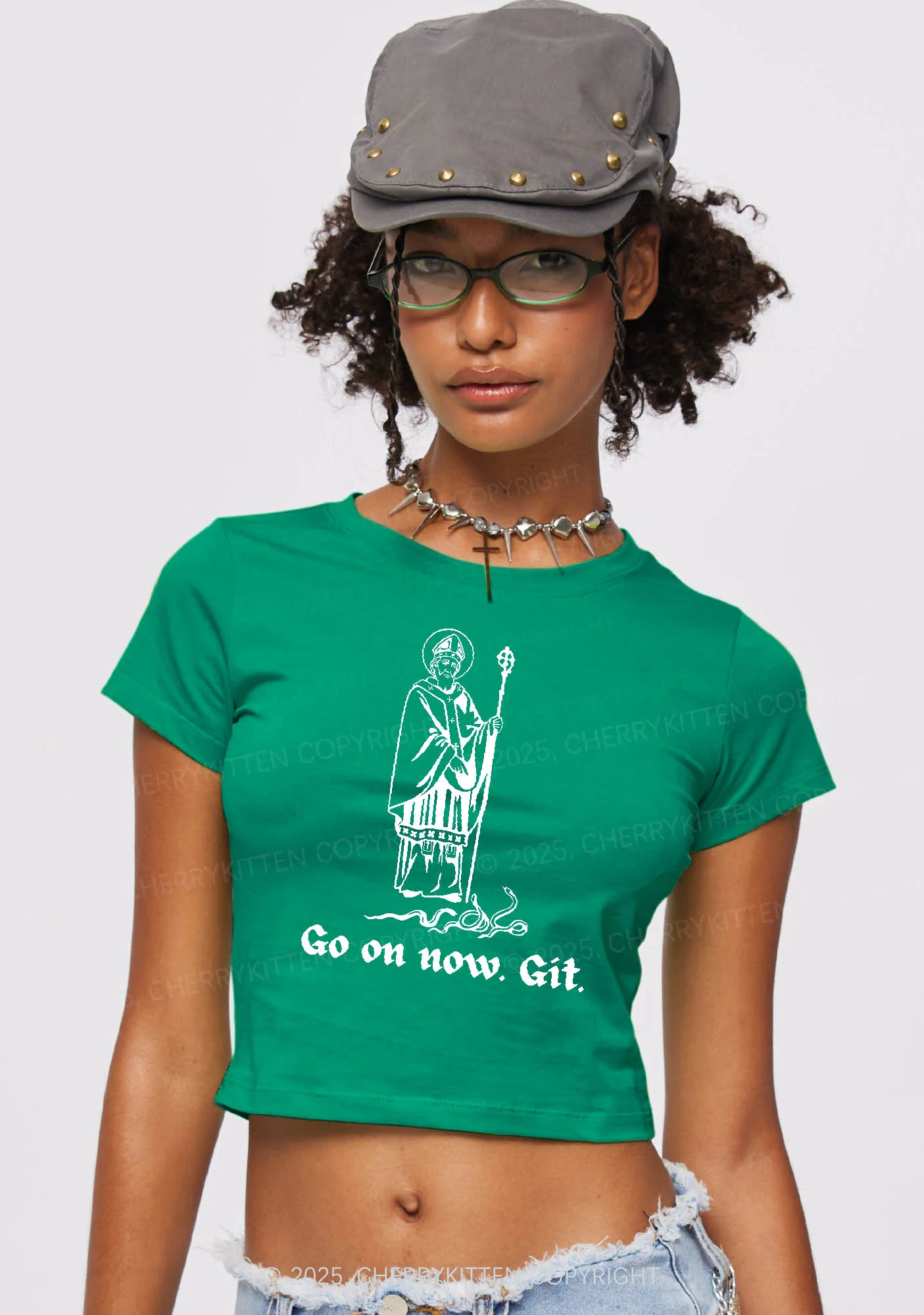 Go On Now Git St Patricks Y2K Baby Tee Cherrykitten - Image 2