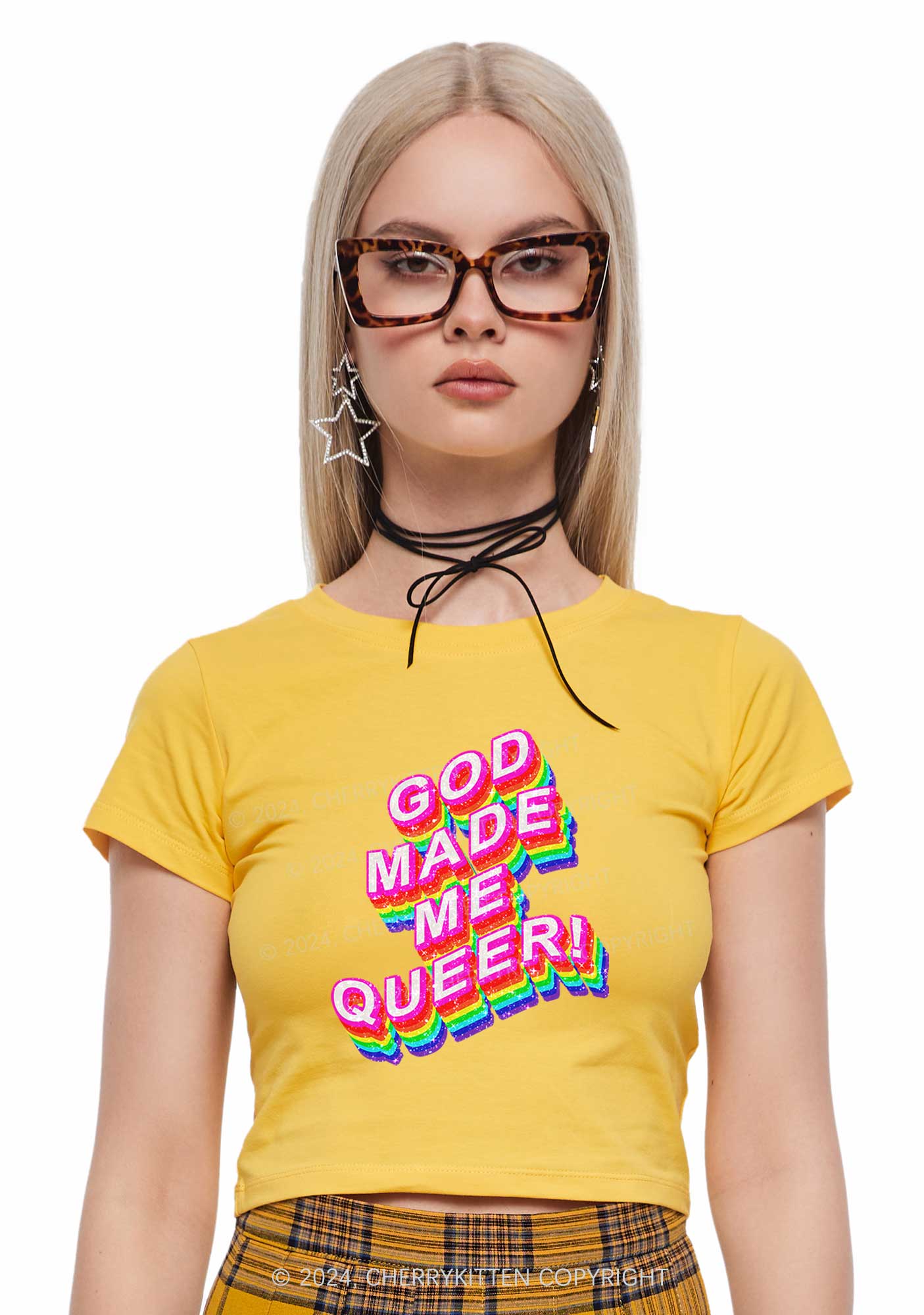 God Made Me Queer Y2K Baby Tee Cherrykitten - Image 2