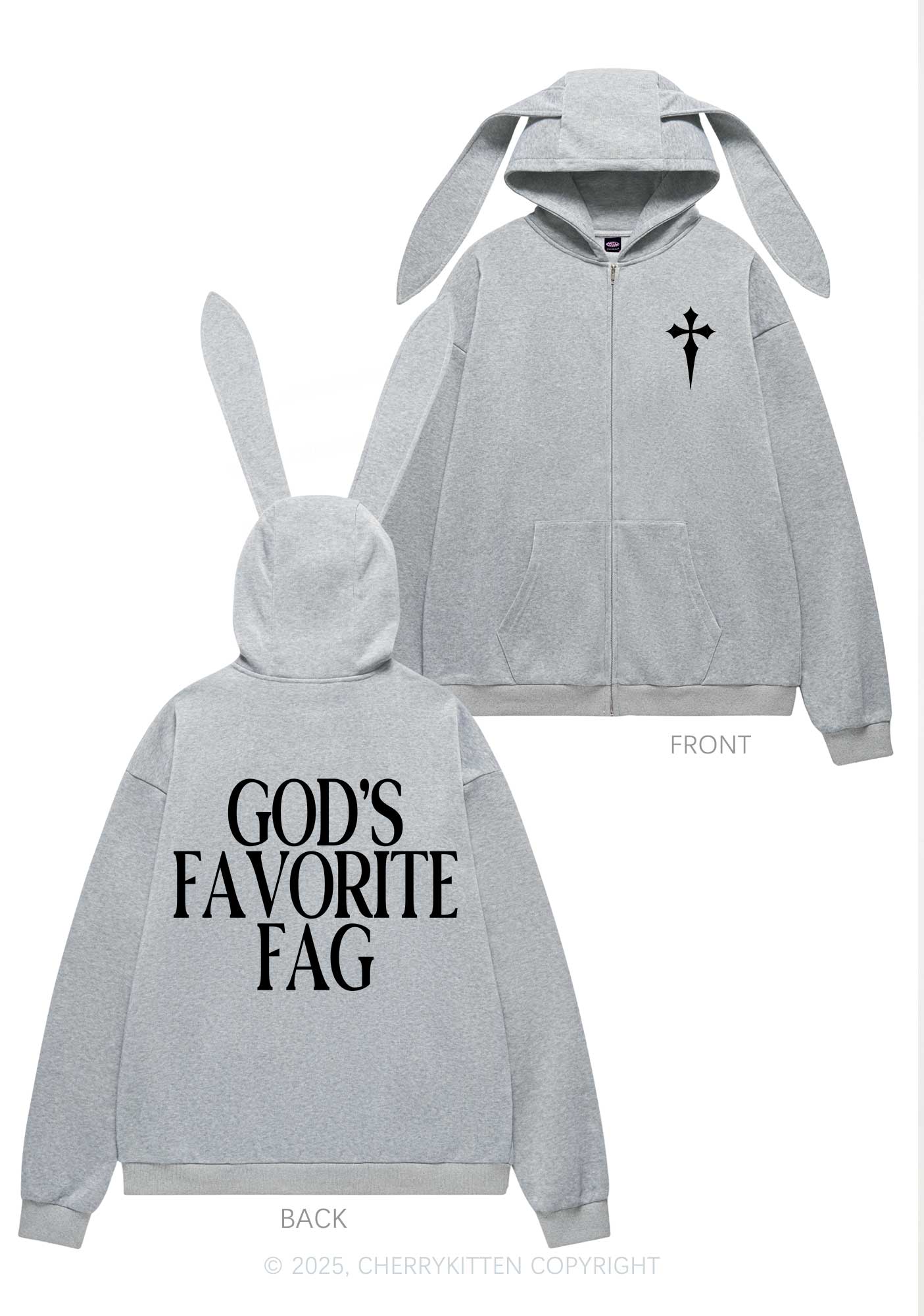 Gods Favorite Fag Pride Y2K Bunny Ear Zip Hoodie Cherrykitten - Image 5