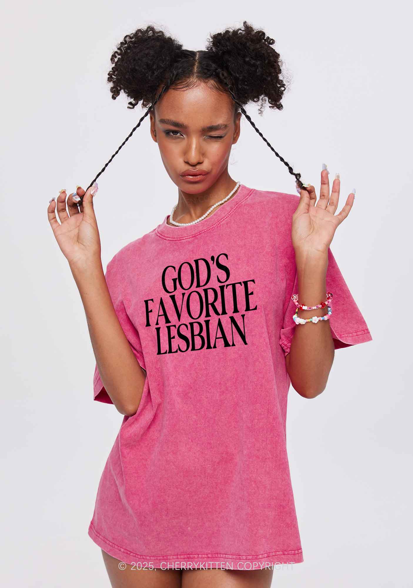 Gods Favorite Lesbian Pride Y2K Shirts Washed Tee Cherrykitten - Image 2