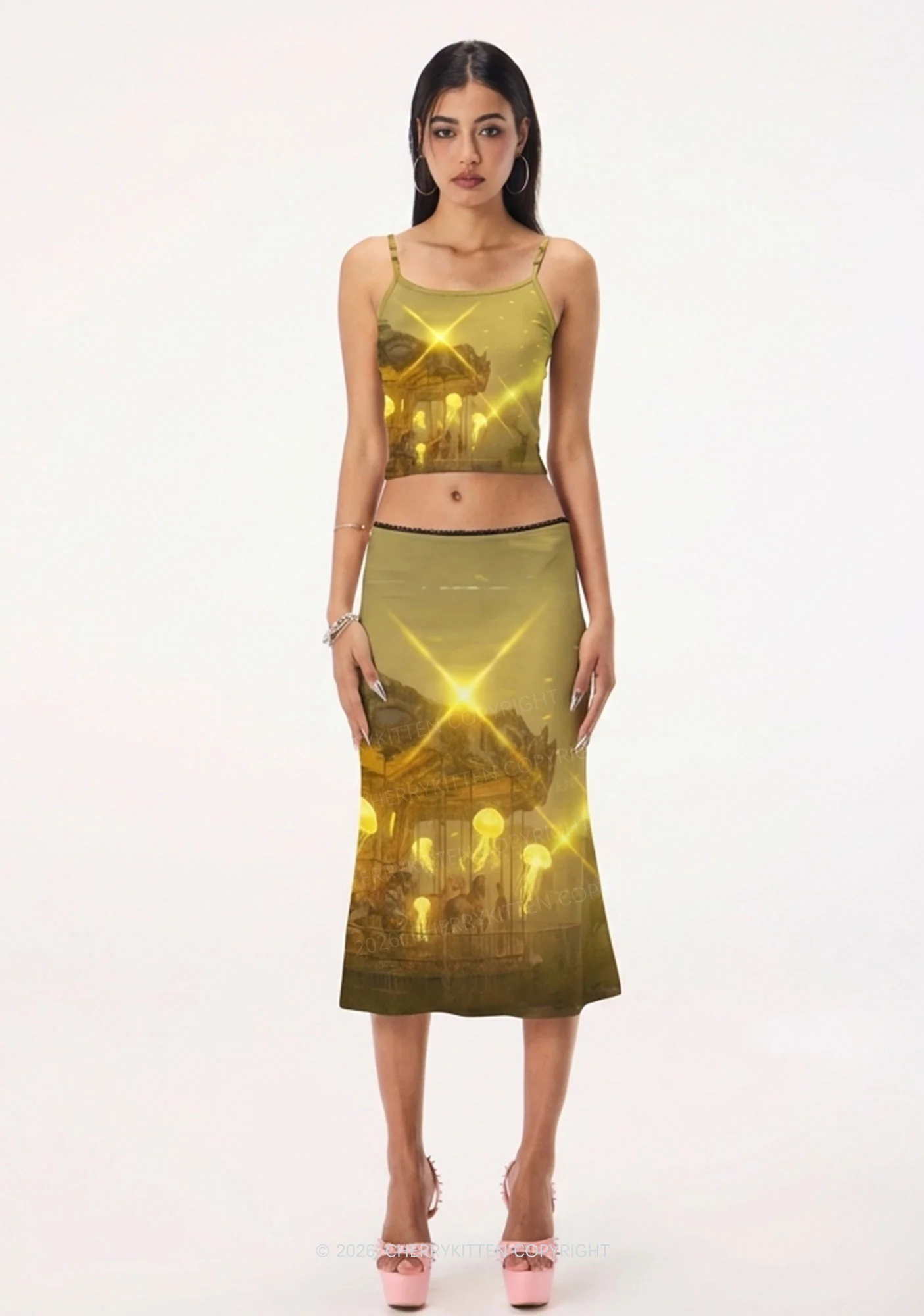 Golden Carousel Jellyfish Y2K Print Midi Skirt Cherrykitten - Image 2