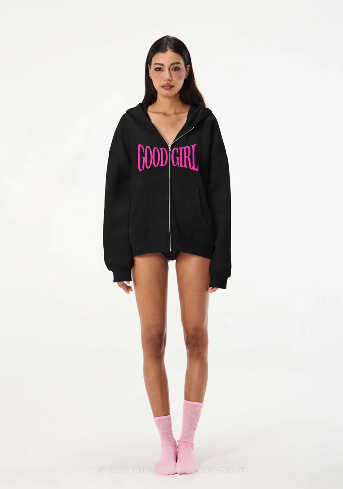 Good Girl Y2K Bunny Ear Zip Hoodie Cherrykitten - Image 2