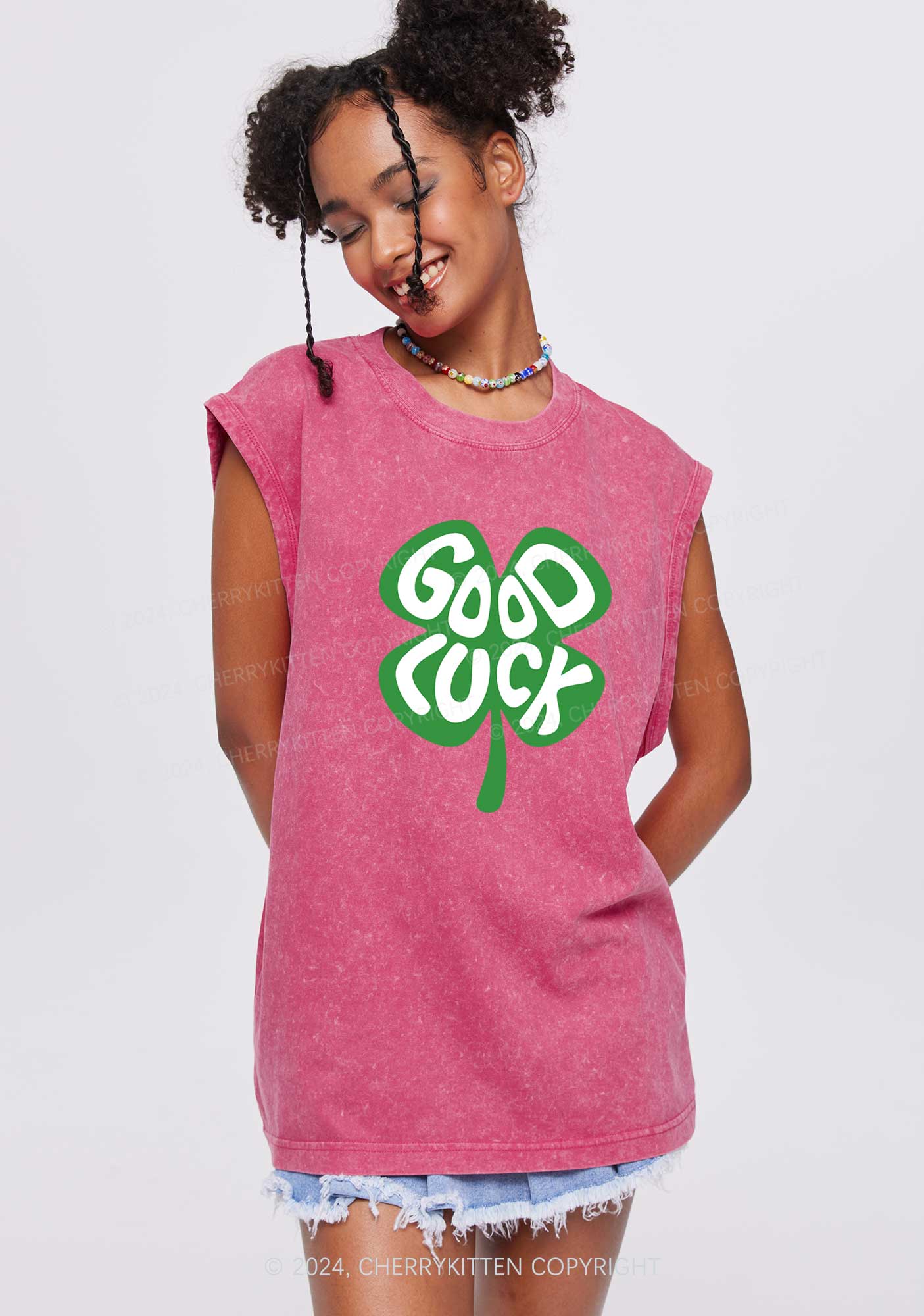 Good Luck St Patricks Y2K Washed Tank Cherrykitten - Image 2