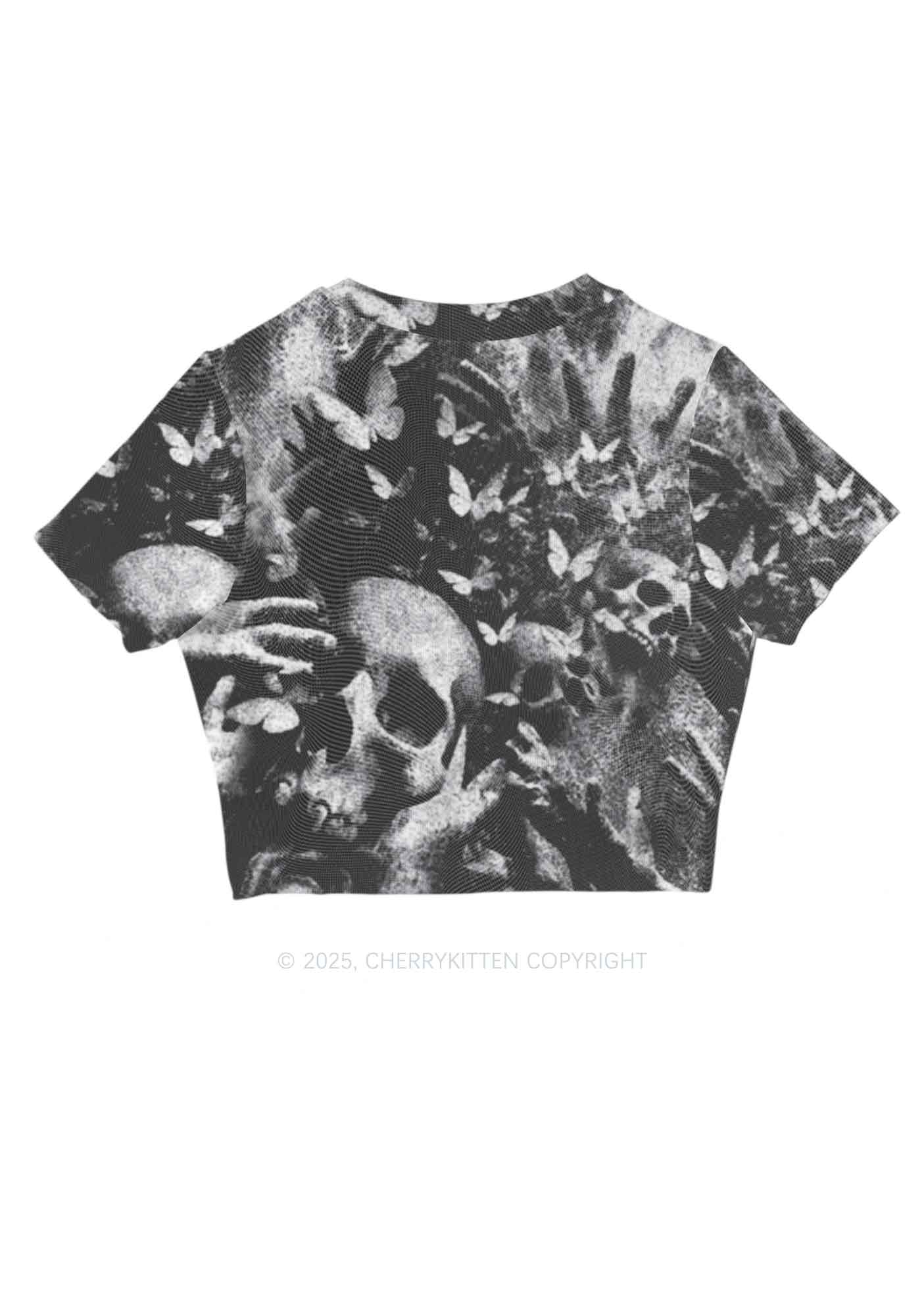 Halloween Gothic Skull Y2K Mesh Crop Top Cherrykitten - Image 5