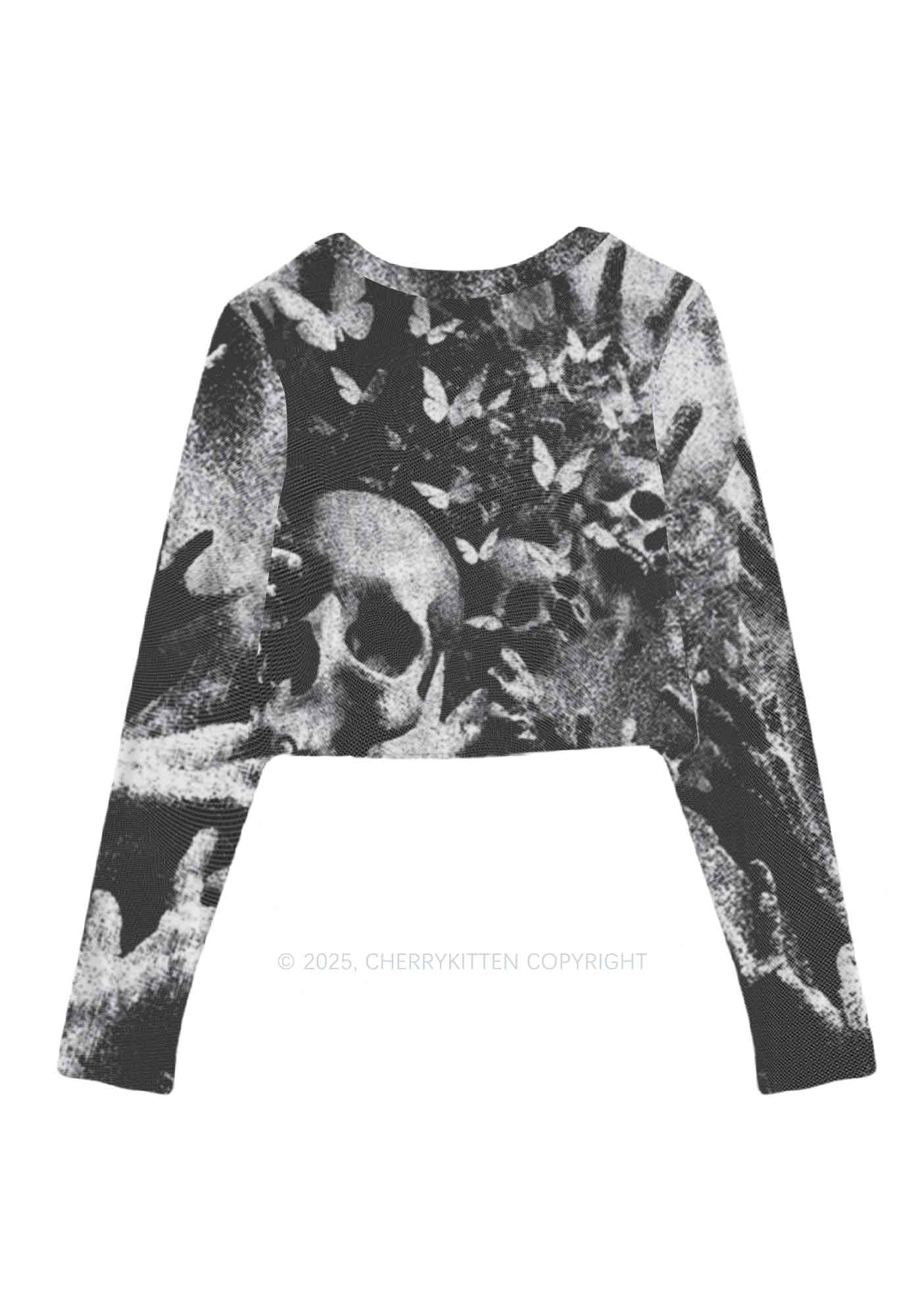 Halloween Gothic Skull Y2K Mesh Long Sleeve Crop Top Cherrykitten - Image 3