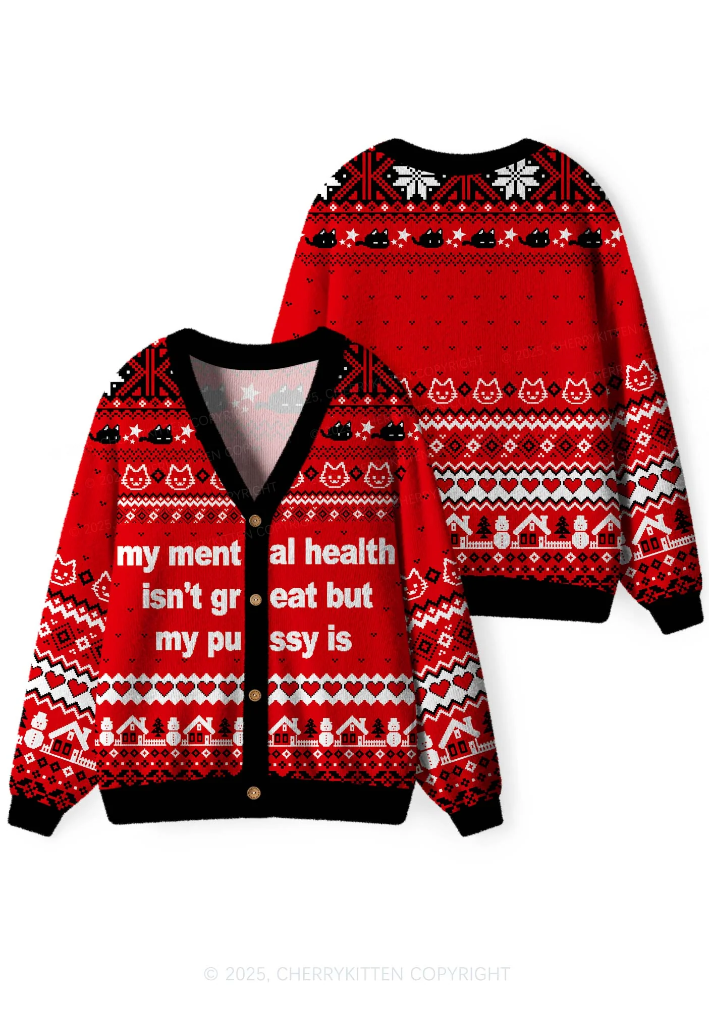 Great Mental Health Puxxy Y2K Christmas Cardigan Knit Sweatshirt Cherrykitten - Image 3