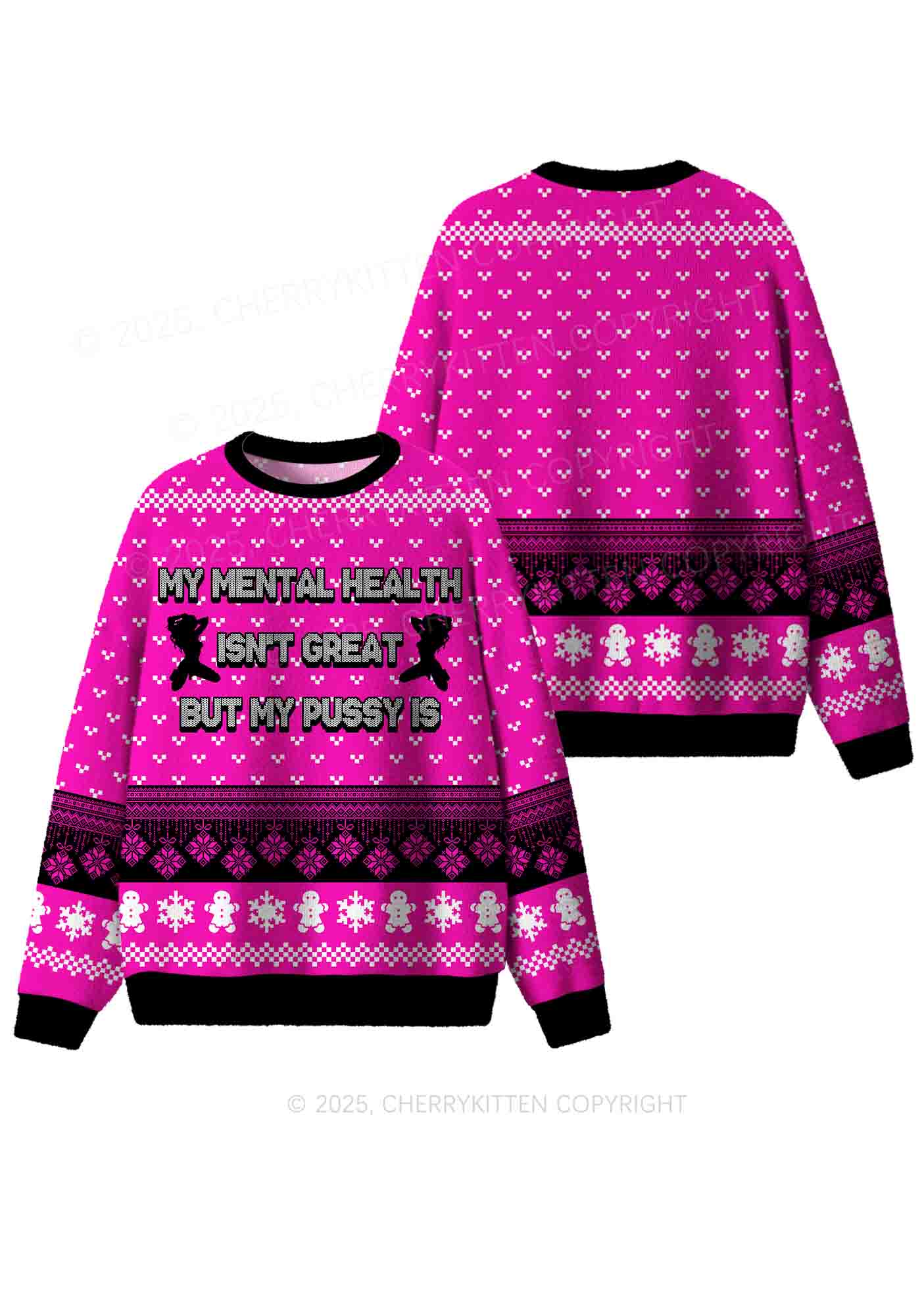 Great Mental Health Y2K Christmas Knit Sweatshirt Cherrykitten - Image 3