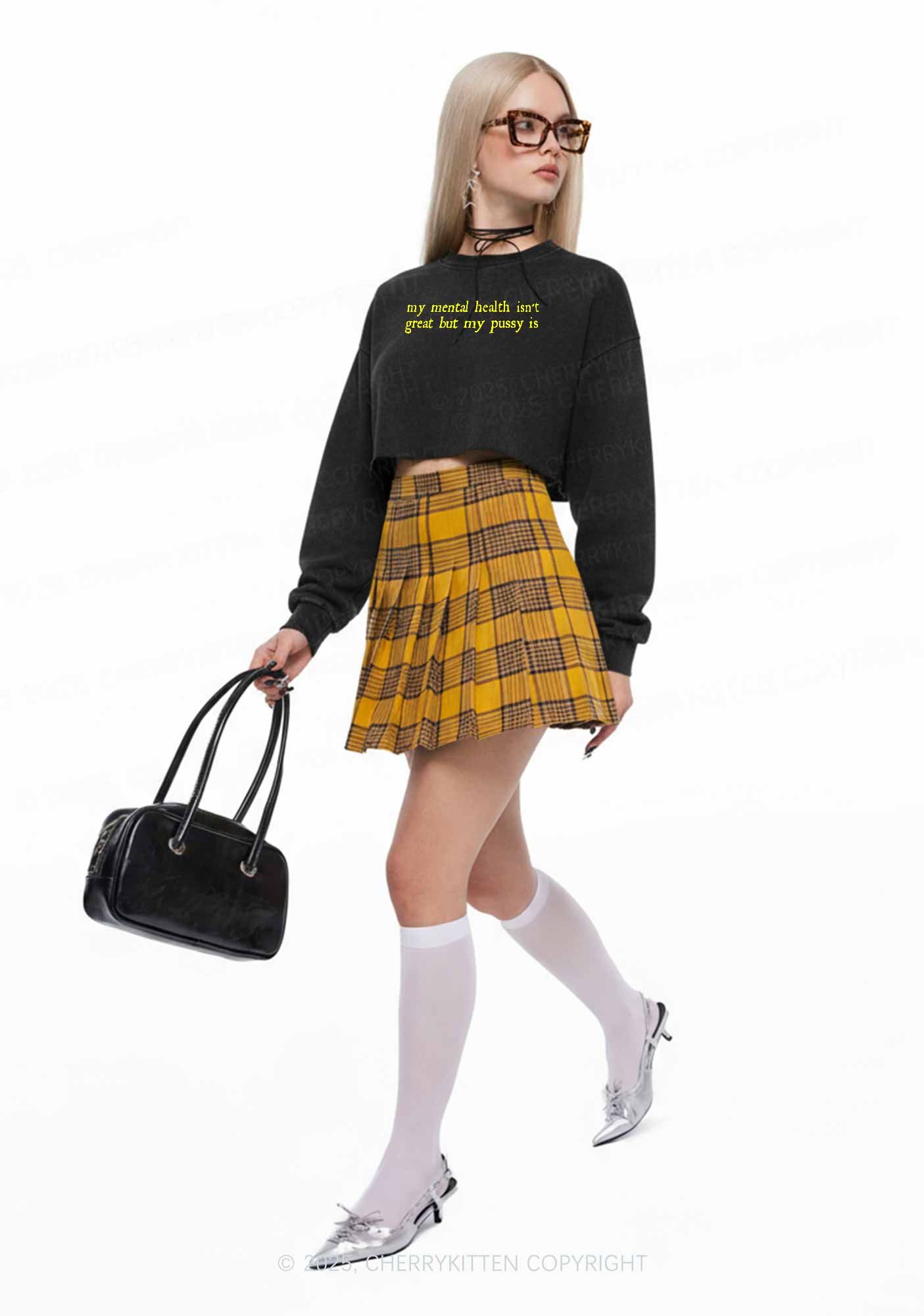 Great Mental Health Y2K Crop Washed Sweatshirts Cherrykitten - Image 2