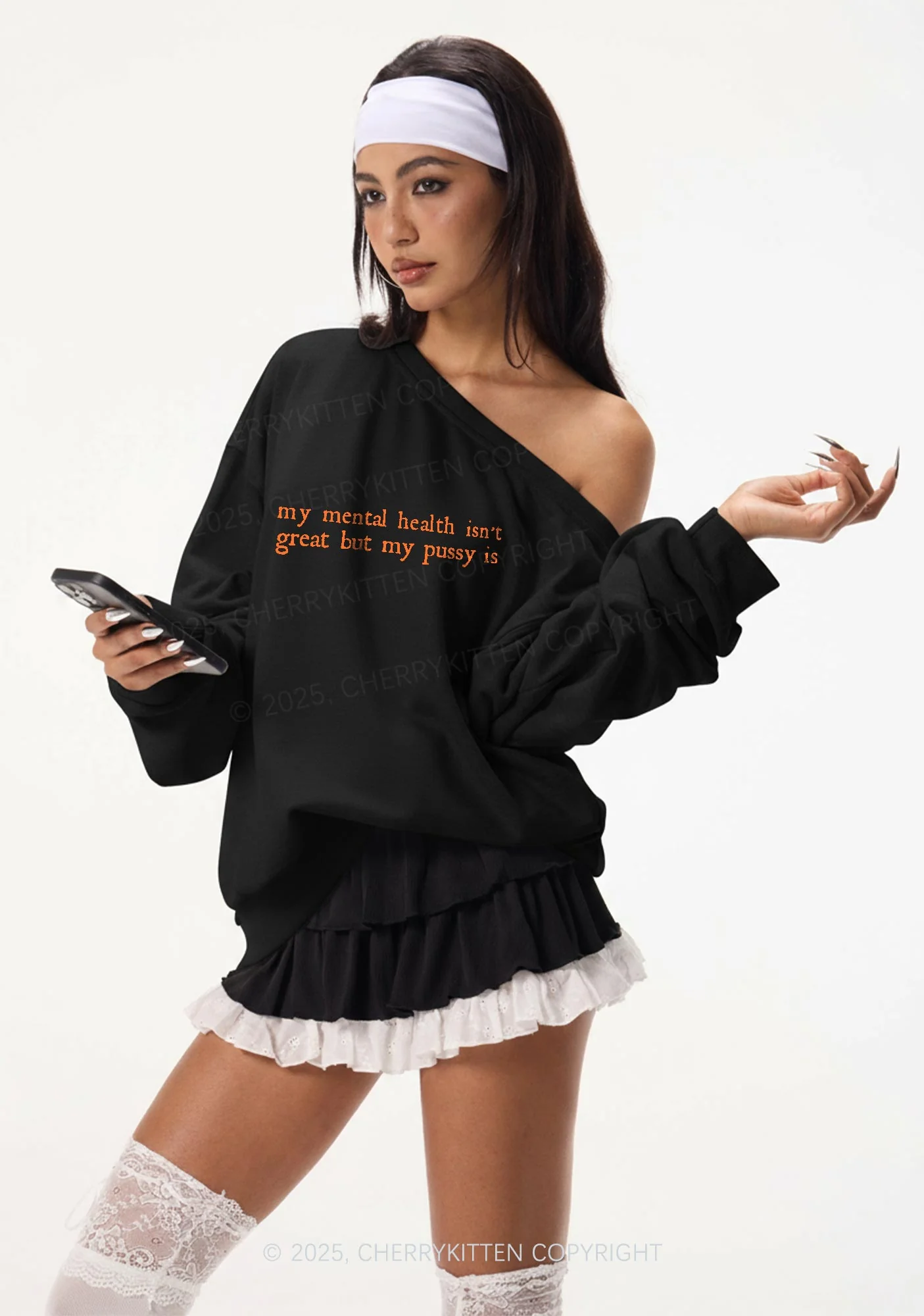 Great Mental Health Y2K Off Shoulder Sweatshirts Cherrykitten - Image 2