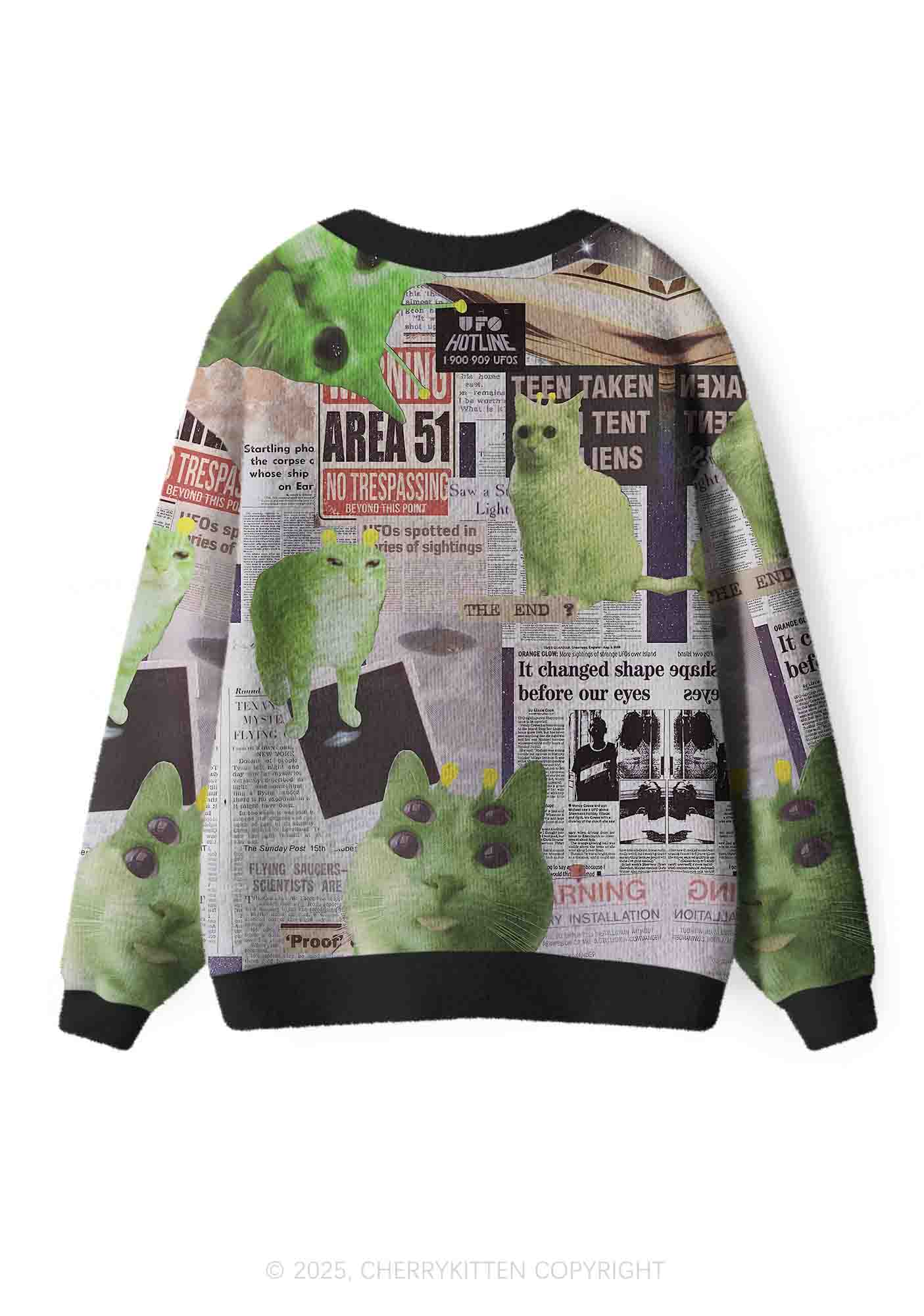 Green Alien Kitten Y2K Christmas Cardigan Knit Sweatshirt Cherrykitten - Image 2