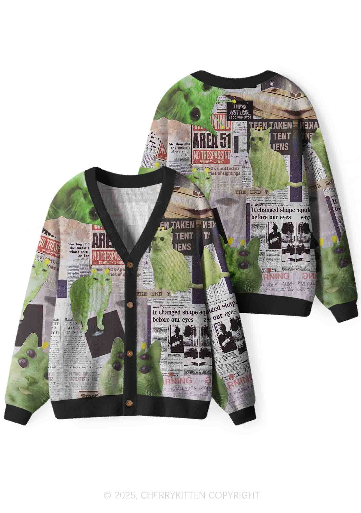Green Alien Kitten Y2K Christmas Cardigan Knit Sweatshirt Cherrykitten - Image 3