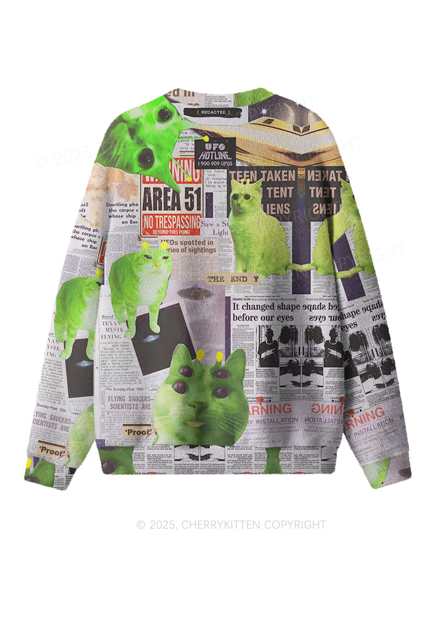 Green Alien Kitten Y2K Christmas Knit Sweatshirt Cherrykitten - Image 2