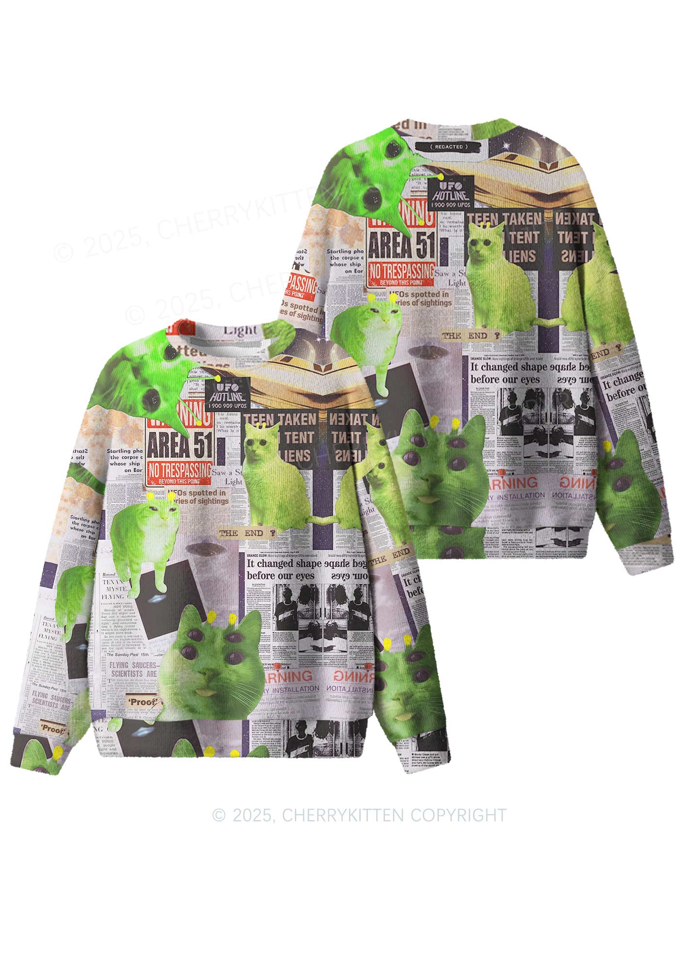 Green Alien Kitten Y2K Christmas Knit Sweatshirt Cherrykitten - Image 3