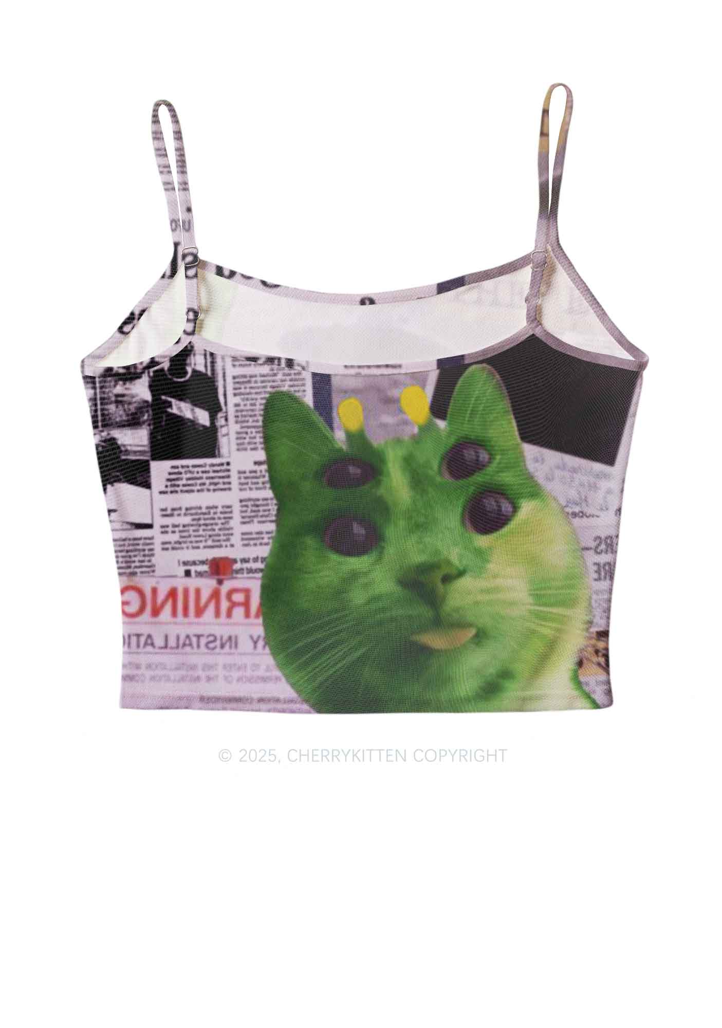 Green Alien Kitten Y2K Mesh Cami Tank Cherrykitten - Image 2