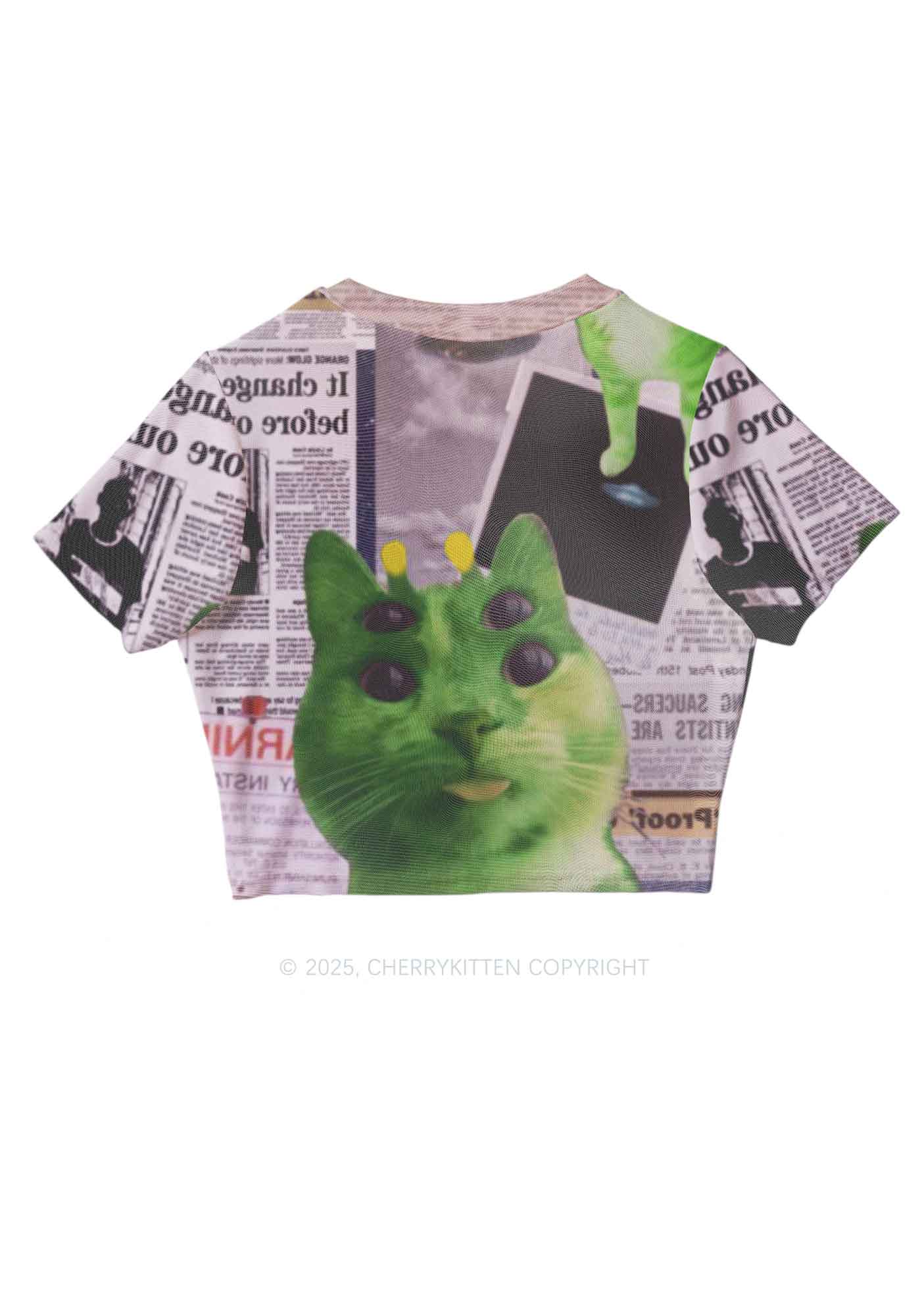 Green Alien Kitten Y2K Mesh Crop Top Cherrykitten - Image 2